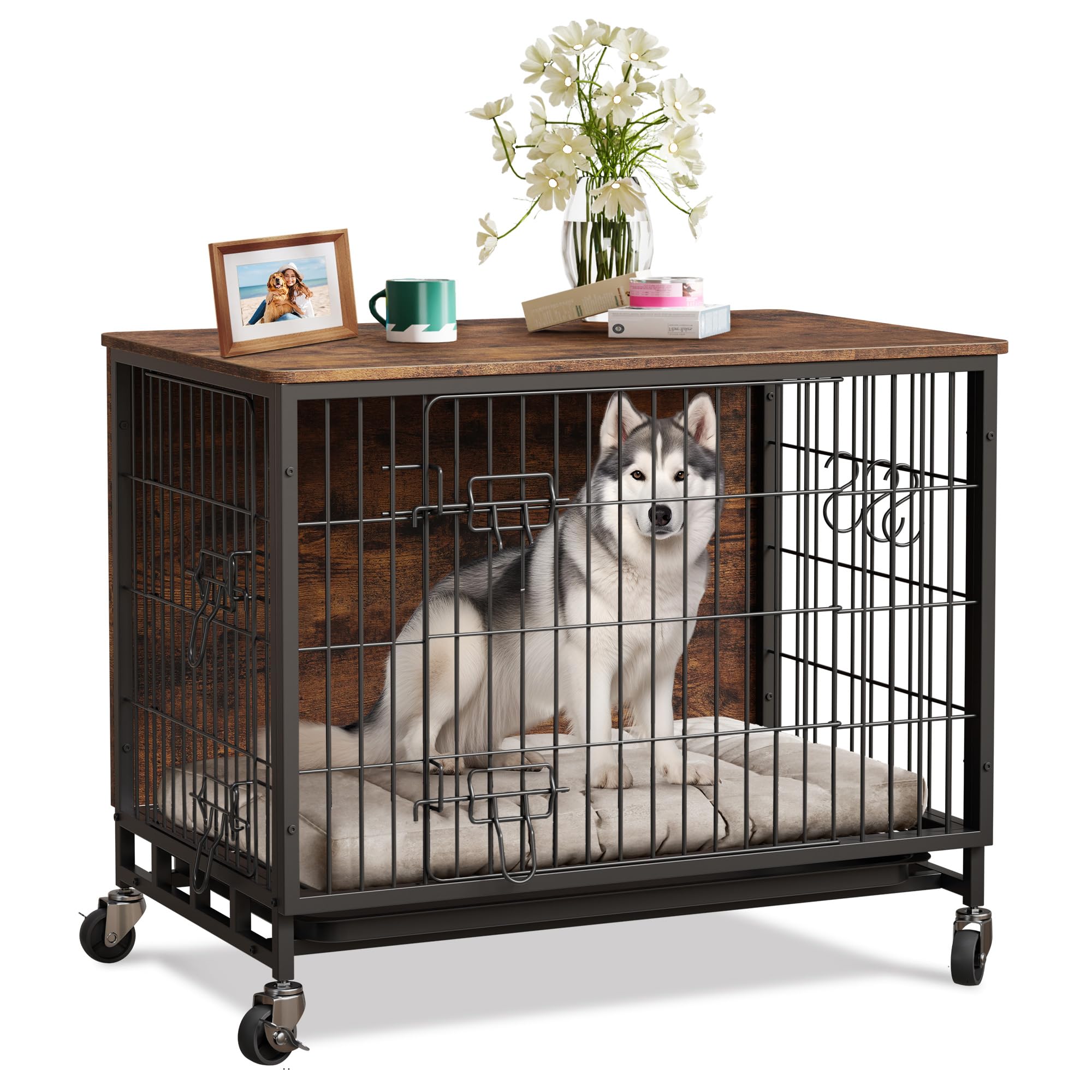 Large Dog Crate Furniture, Wooden Dog Kennel Indoor, Heavy Duty Metal Dog Cage End Table, Double-Layer Furniture-Style Dog Bed, 