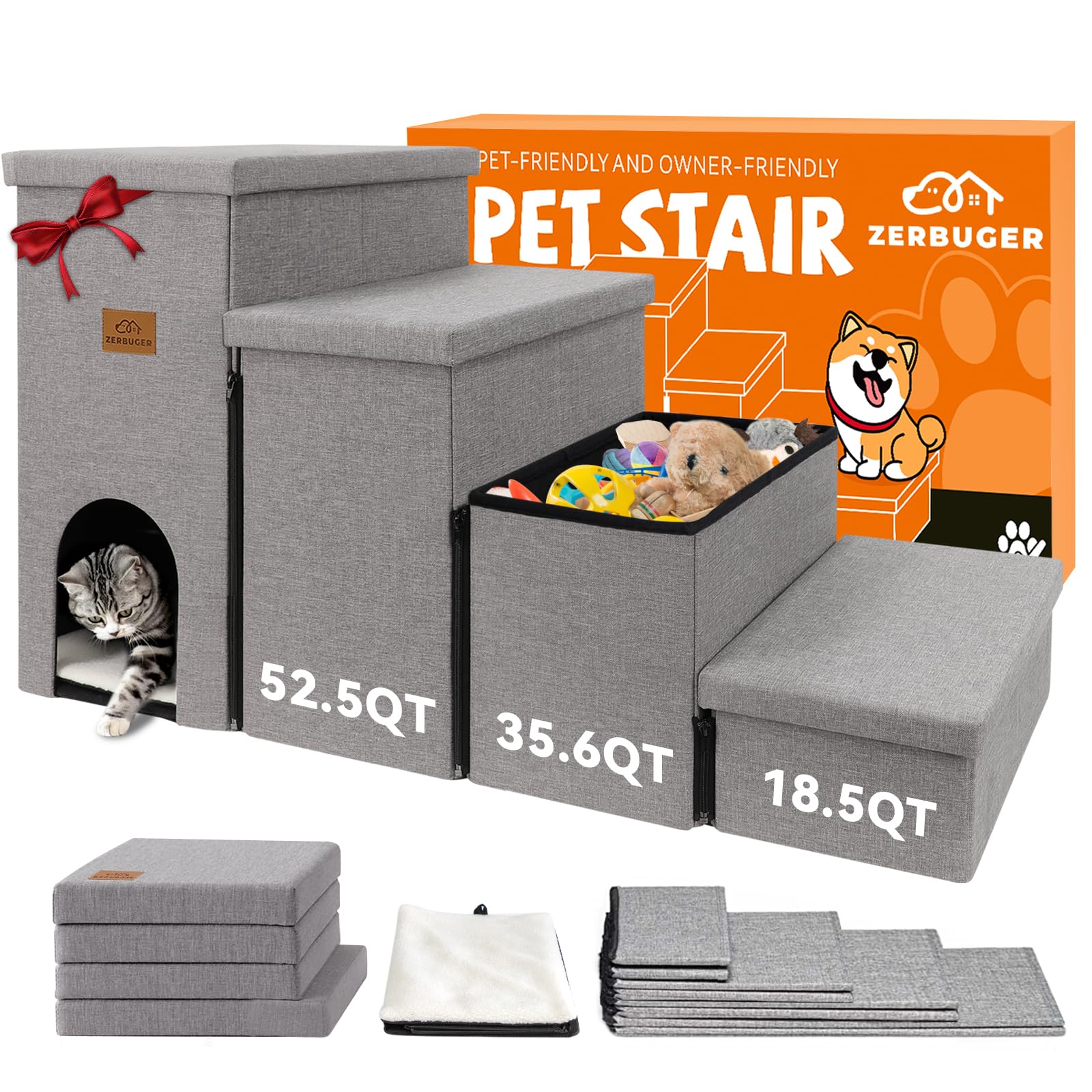 Zerbuger Dog Stairs 23  H, 4-Step Wider Dog Steps for High Beds Window, Folding Storage Pet Stairs Gift for Small/Medium/Large O