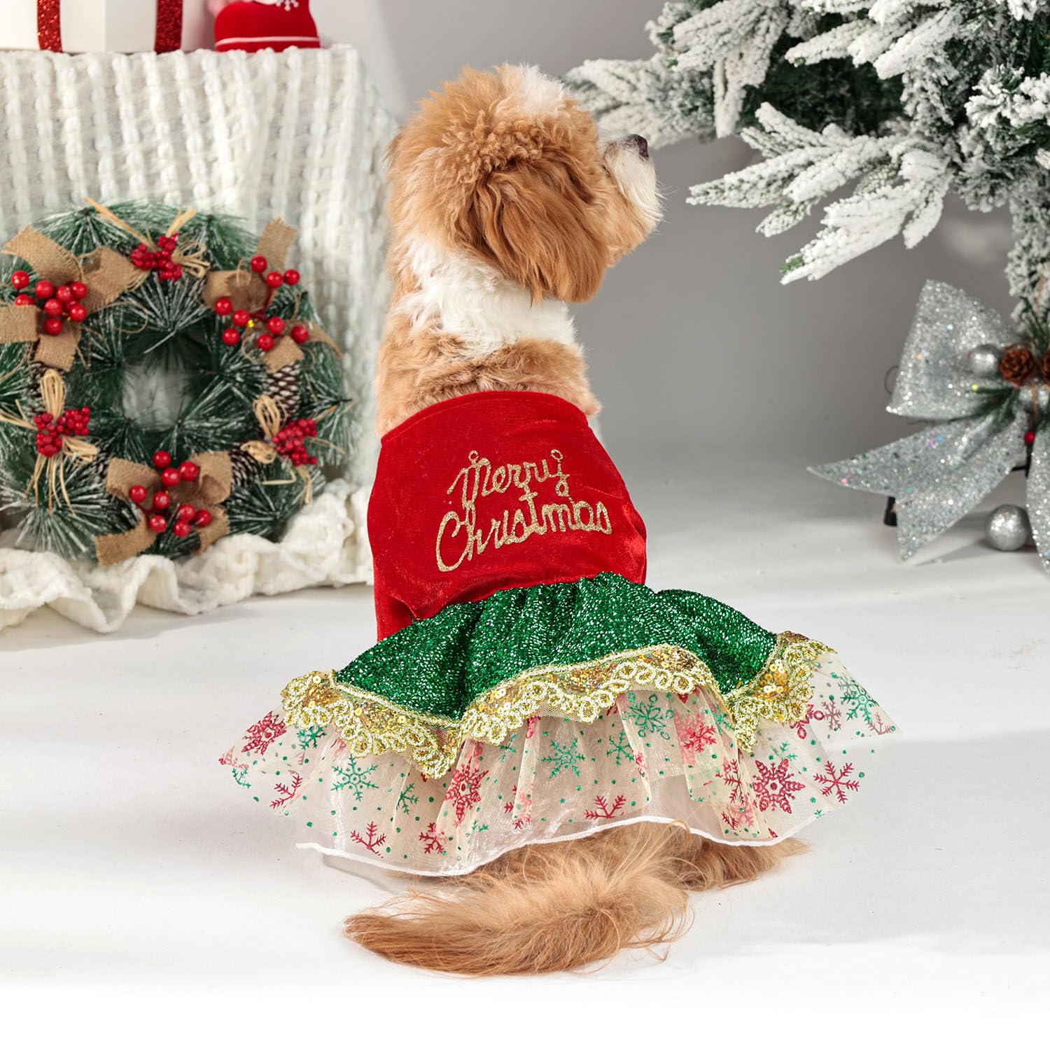Muyaopet Merry Christmas Dog Dress Costume,Sparkly Pet Holiday Tulle Dress,Pet Winter Clothes For Small Dogs Girl,Cat Apparel (M