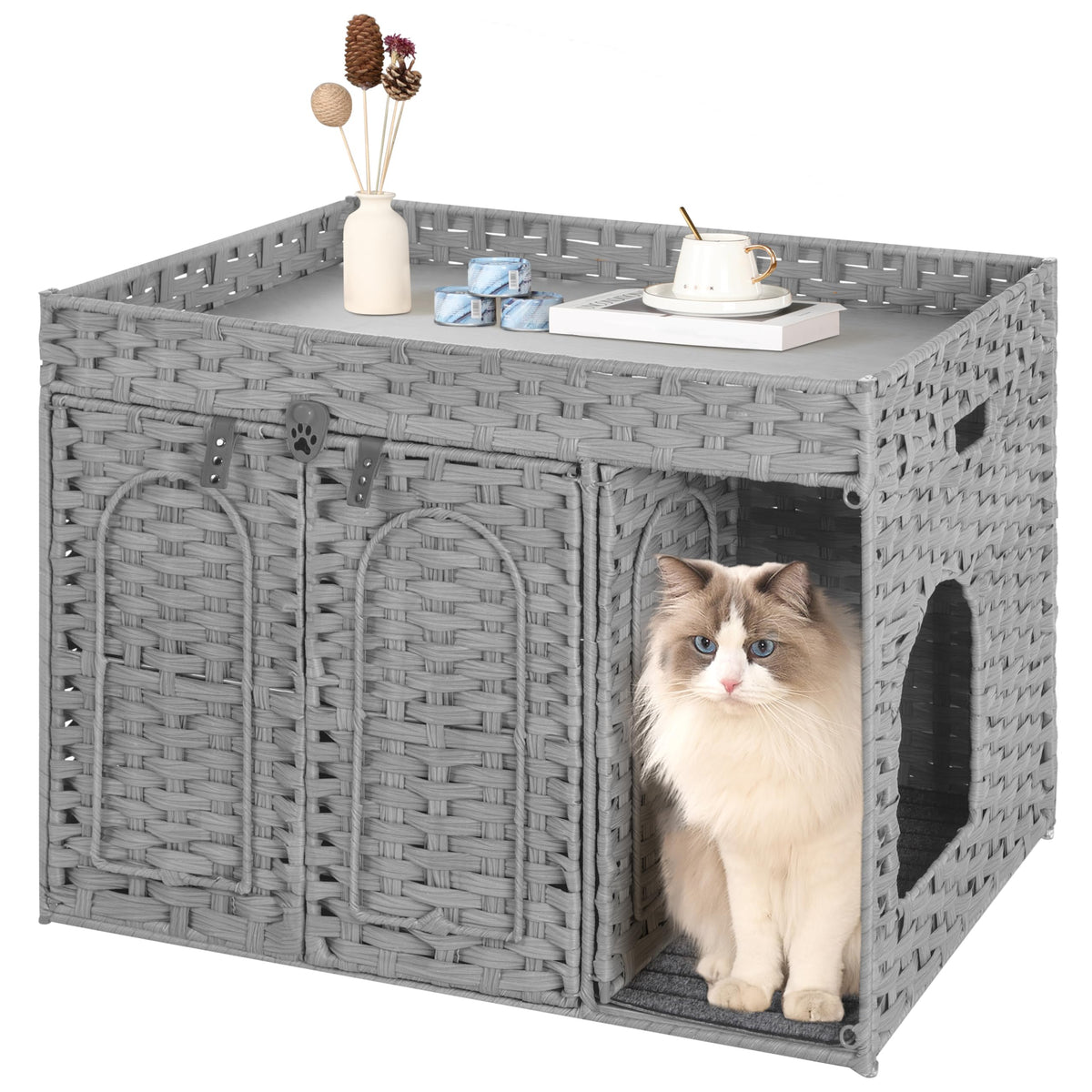 Hzuaneri Cat Litter Box Enclosure With Rattan Fence, Large Space, Rattan Cat House Furniture, 31.5 X 20 X 22.5 Inches, 2 Modes W