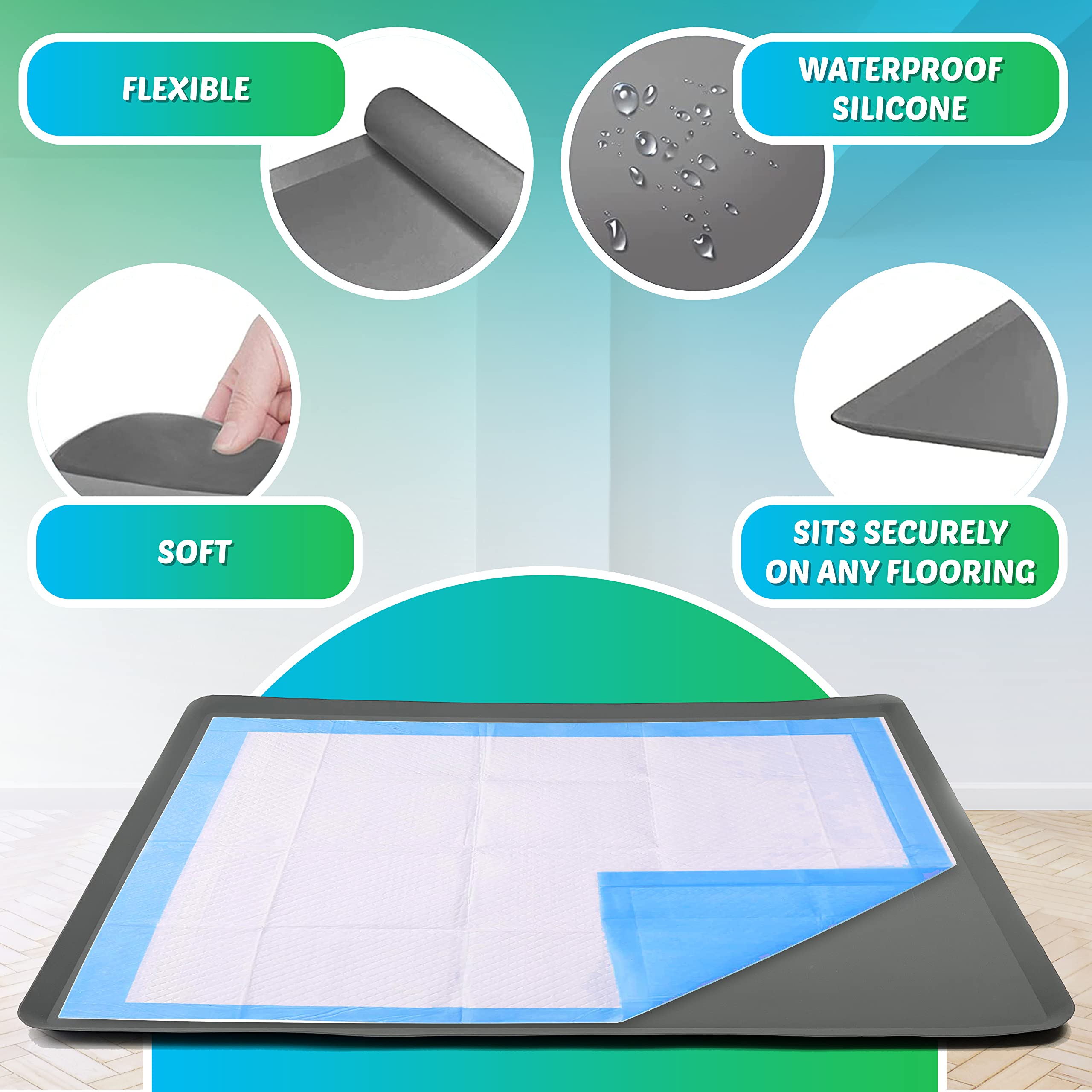 Skywin Silicone Pee Pad Holder, 30 X 36 Inch No-Spill, Leakproof, Easy-To-Clean Puppy Pad Holder (Grey)