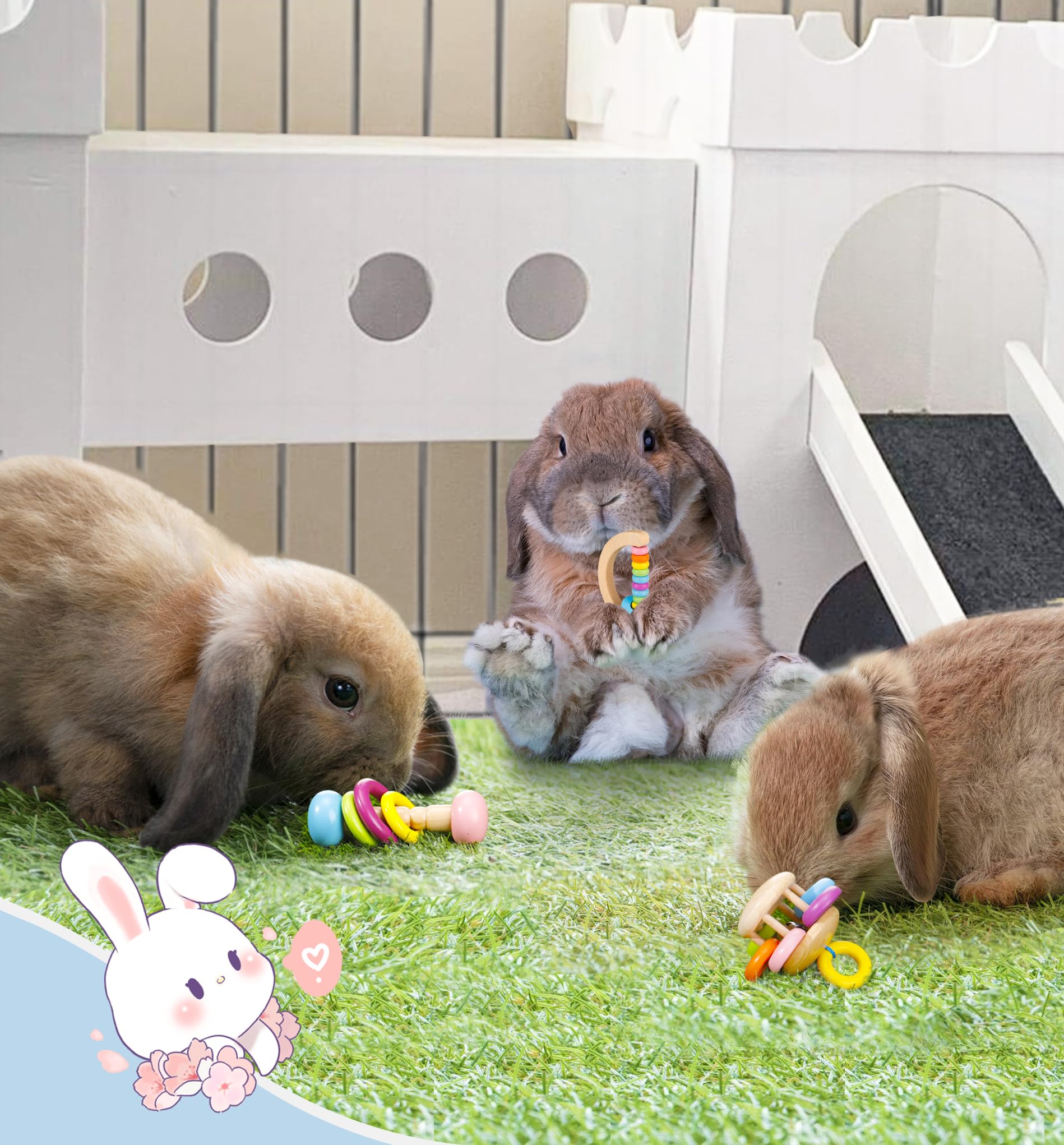 MEWTOGO 3 Pcs Wooden Bunny Toys - Safe Rabbit Toys, Bite-Resistant Guinea Pigs Toys for Chinchillas Hamsters Small Animals Playi