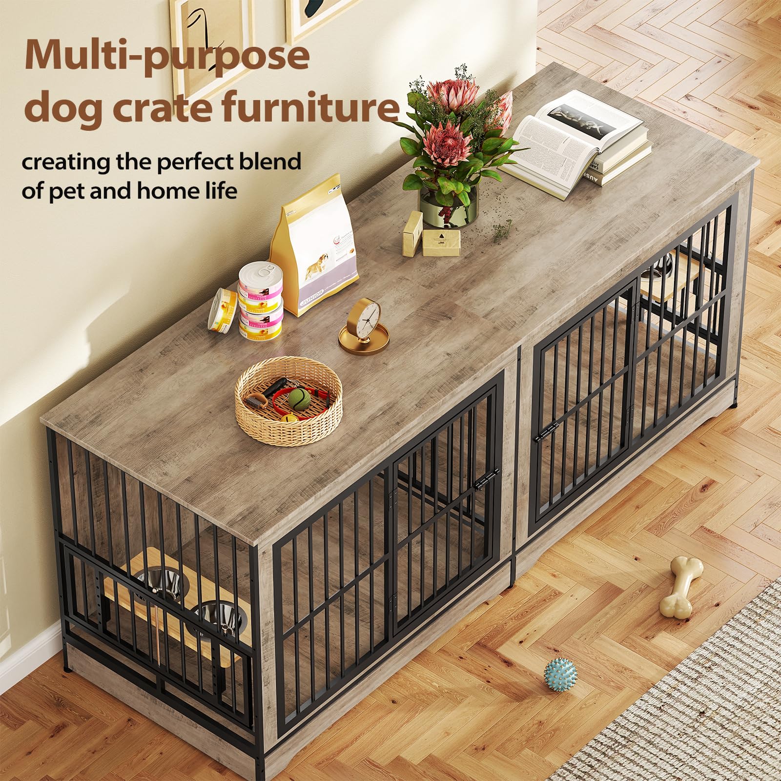 Rovibek 78 Double Dog Crate Furniture for 2 Large Dogs Indoor, Wooden Furniture Dog Crates with Dog Bowl, Dog Kennel Furniture T
