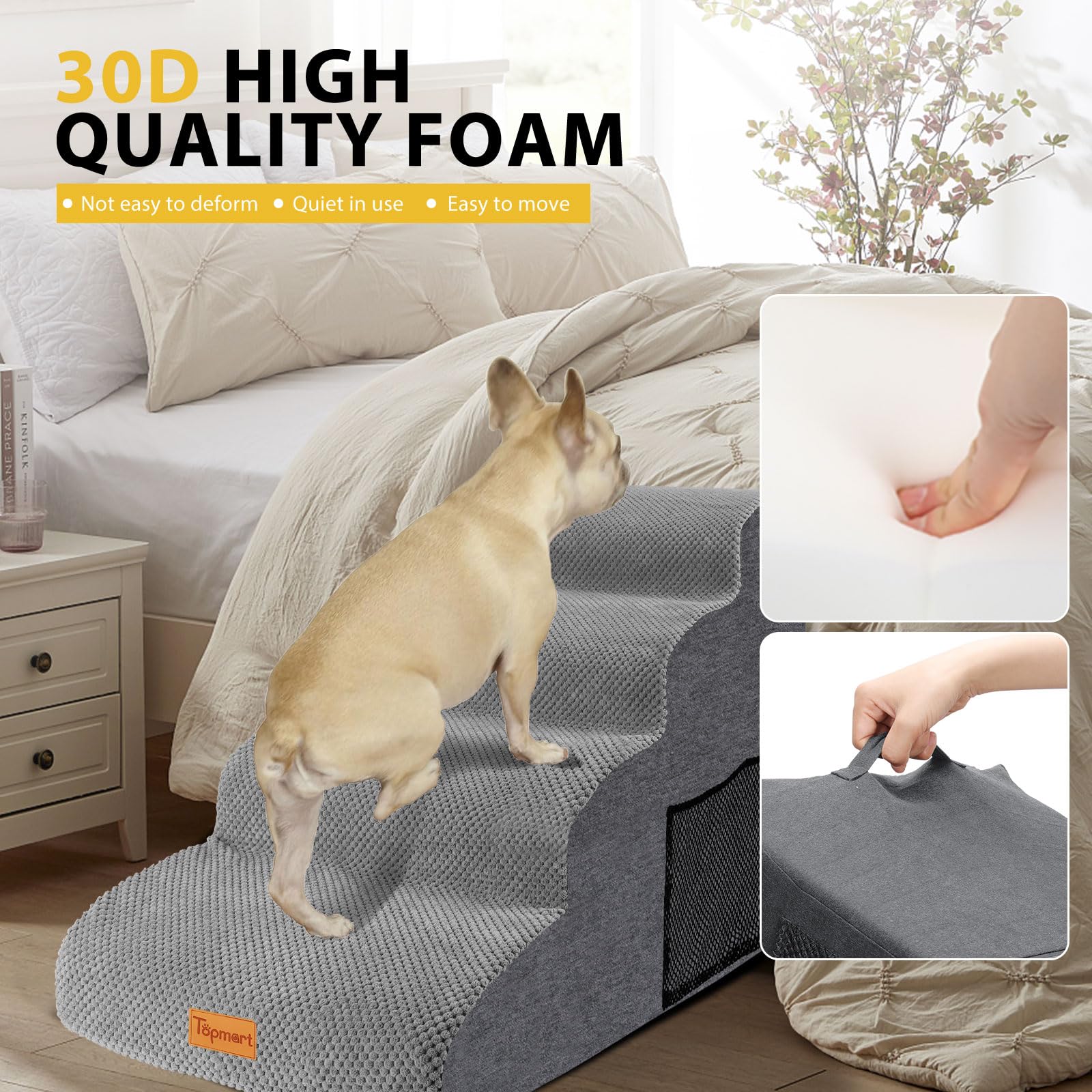 Dog Stairs For Small Dogs,4-Step,Foam Dog Steps&Ramps For Couch/High Beds With Waterproof &Removable Cover, Non-Slip, Grey