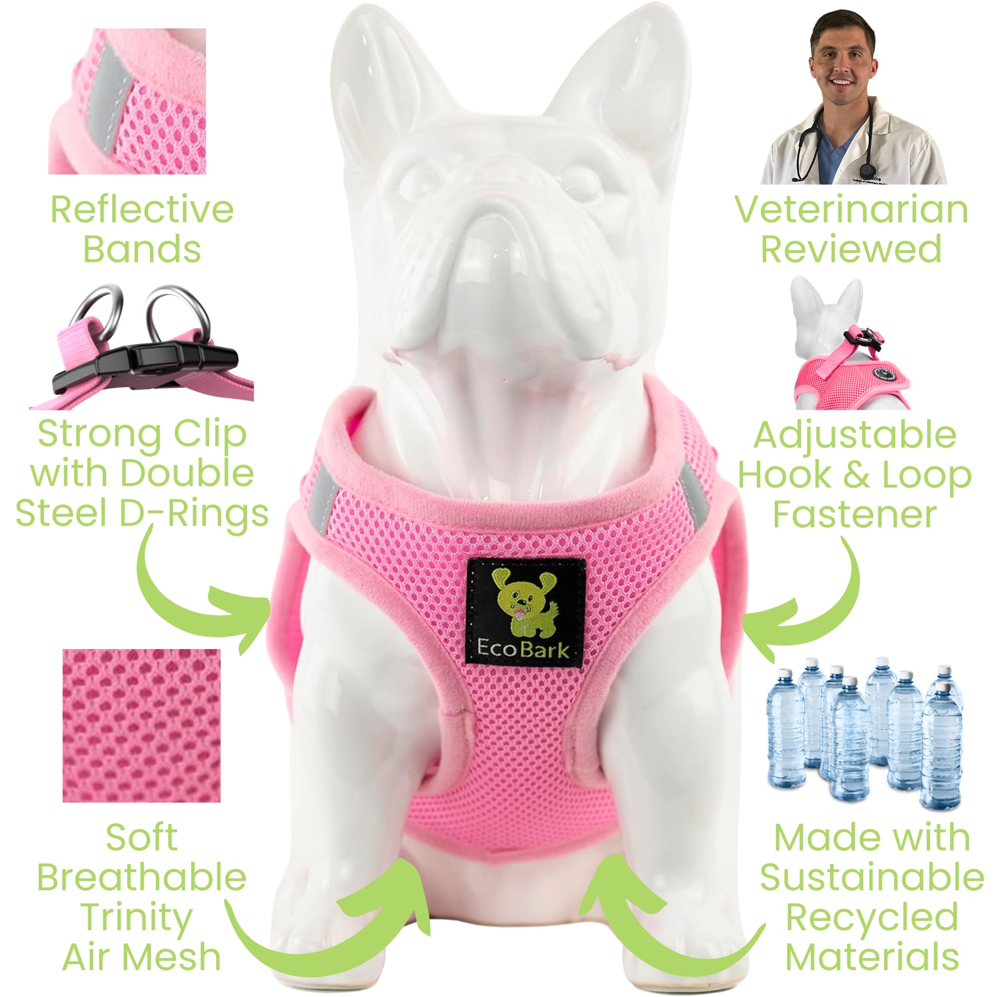 Ecobark Step In Dog Harness - Reflective Soft Luxurious Mesh Dog Harnesses For Xxs, Xs, Small, And Medium Dogs - Eco-Friendly Comfort Secure Halter No Pull Adjustable Pet Vest (Baby Pink, Small)