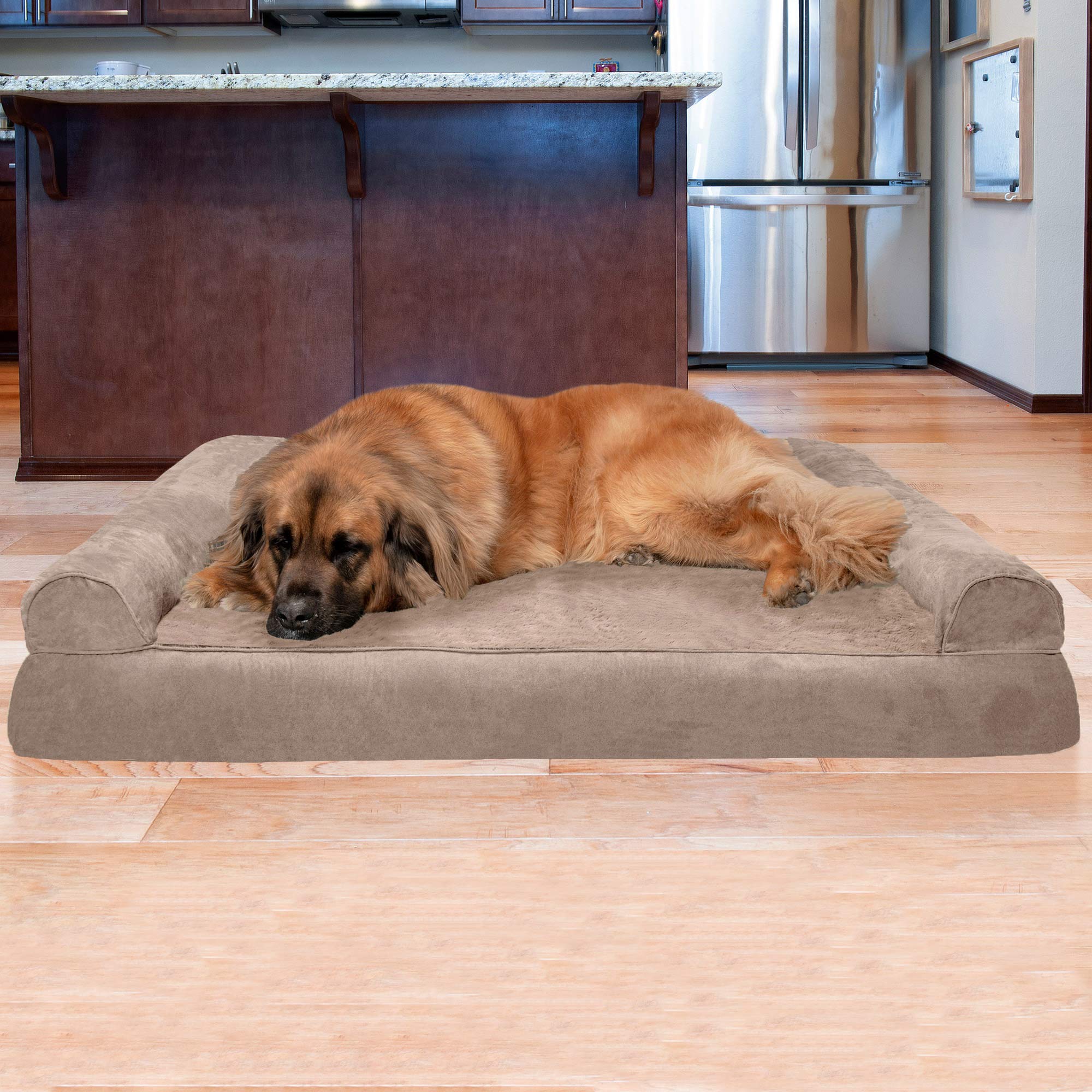 Furhaven Orthopedic Dog Bed For Large Dogs W/ Removable Bolsters & Washable Cover, For Dogs Up To 125 Lbs - Plush & Suede Sofa - Almondine, Jumbo Plus/Xxl
