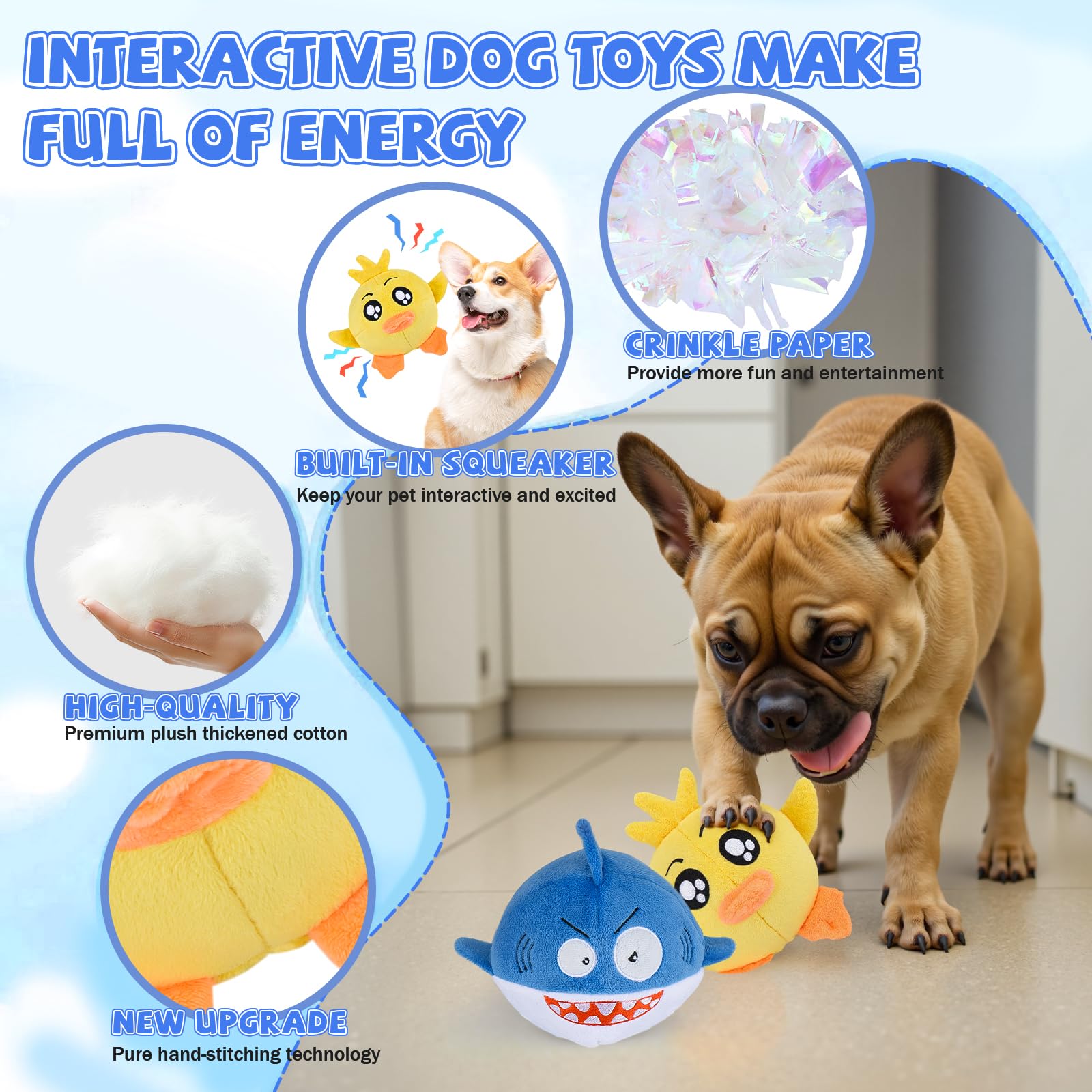 Squeaky Dog Toys For Aggressive Chewers(3In1), Interactive Durable Ball Chew Toys With Crinkle Paper & Tearable Plush, Puppy Tee