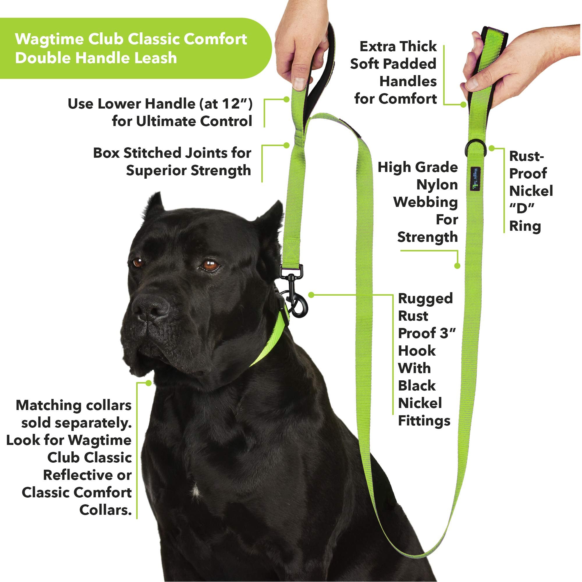 Wagtime Club Soft &Thick Dual Handle 6Ft Dog Leash, Premium Nylon Double Padded Handles For Medium, Large Or Xlarge Dog (Reflective Neon Green)