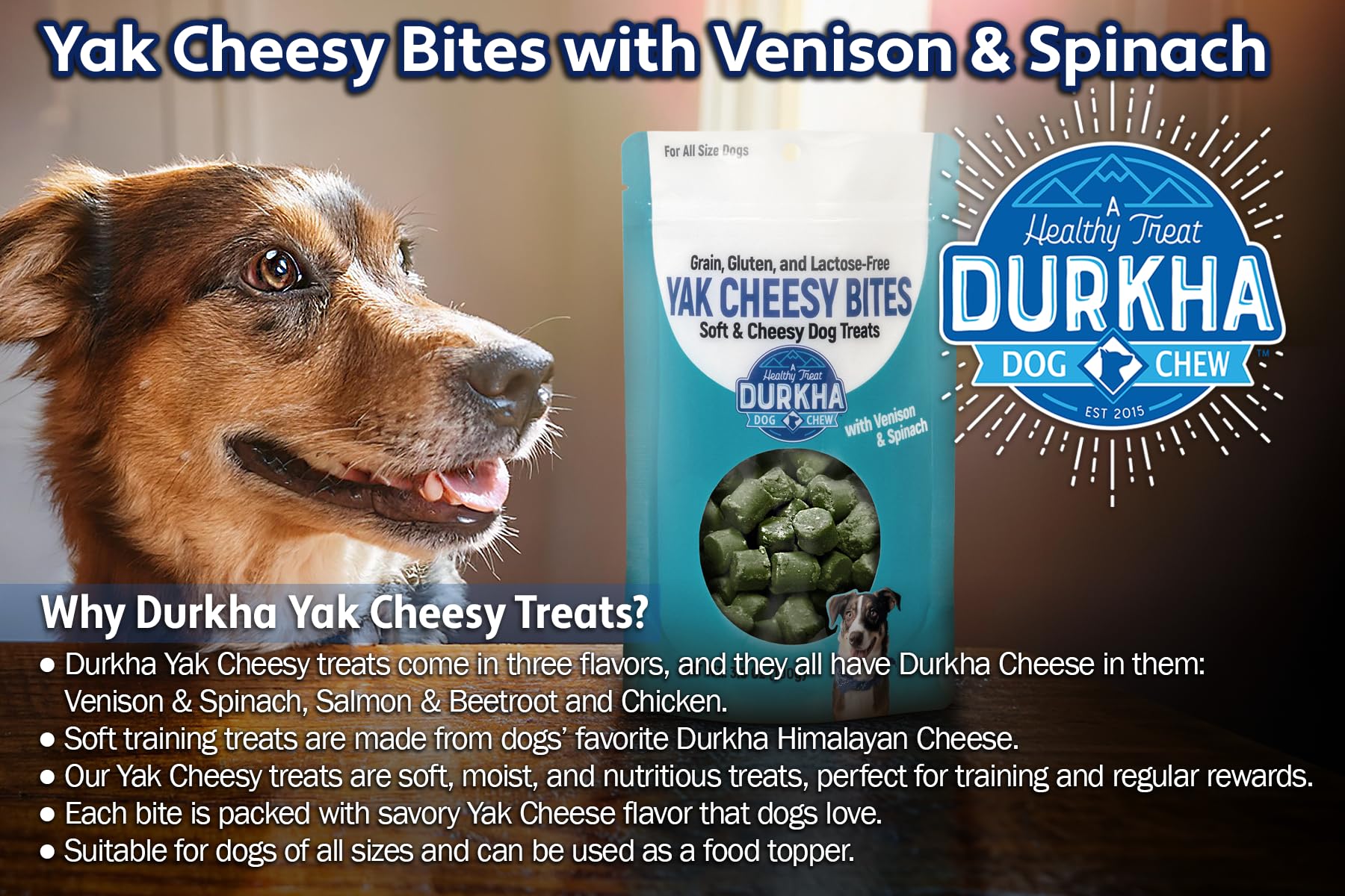 Durkha Soft Training Treats - Himalayan Yak Cheese with Venison and Spinach, Moist, Nutritious, and Perfect for Training and Rew
