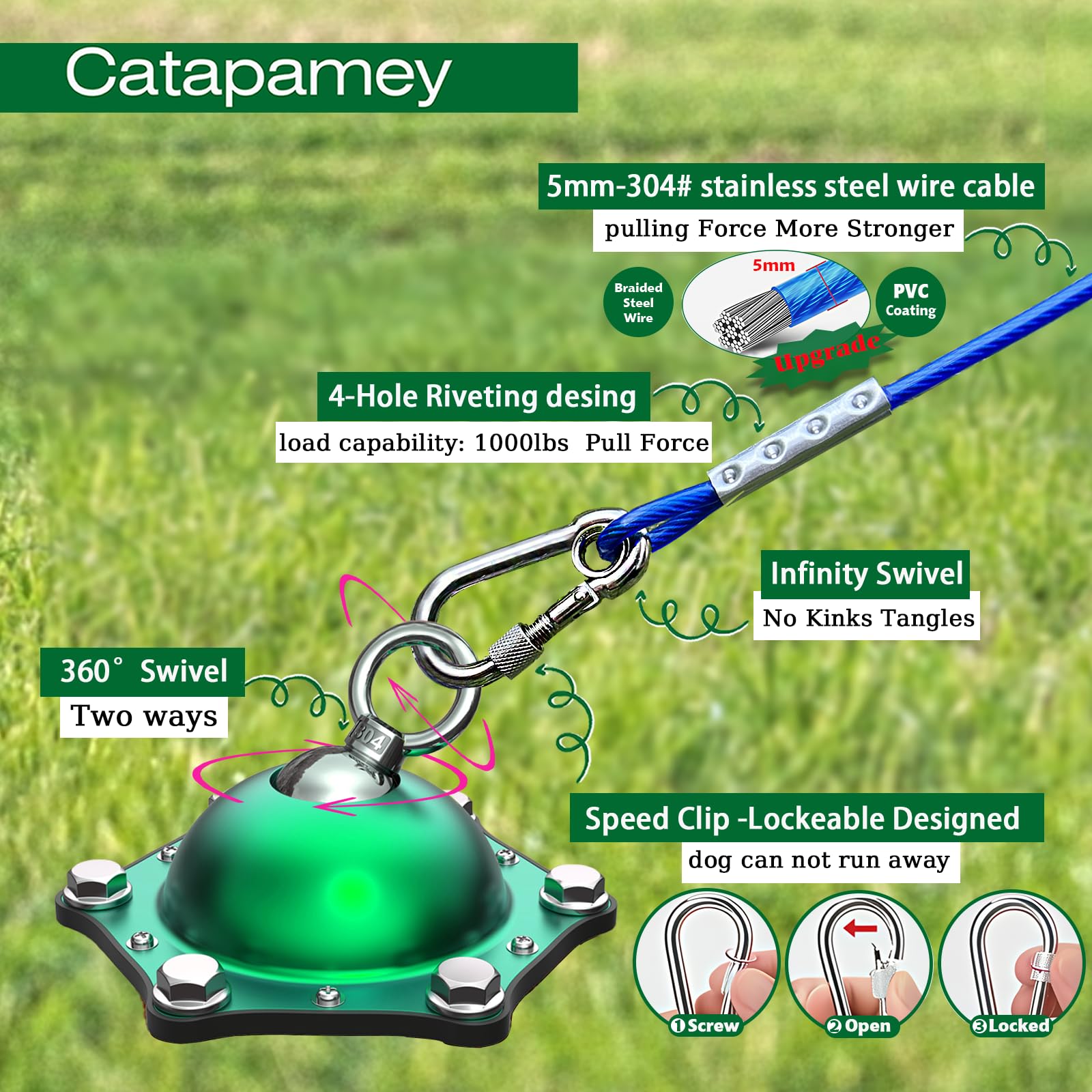 Dog Tie Out Cable and Stake for Yard,(up to 200lbs) 360Swivel Run Anchors- No Tangle,with 30FT Heavy Duty Tie Out Cable for Dogs