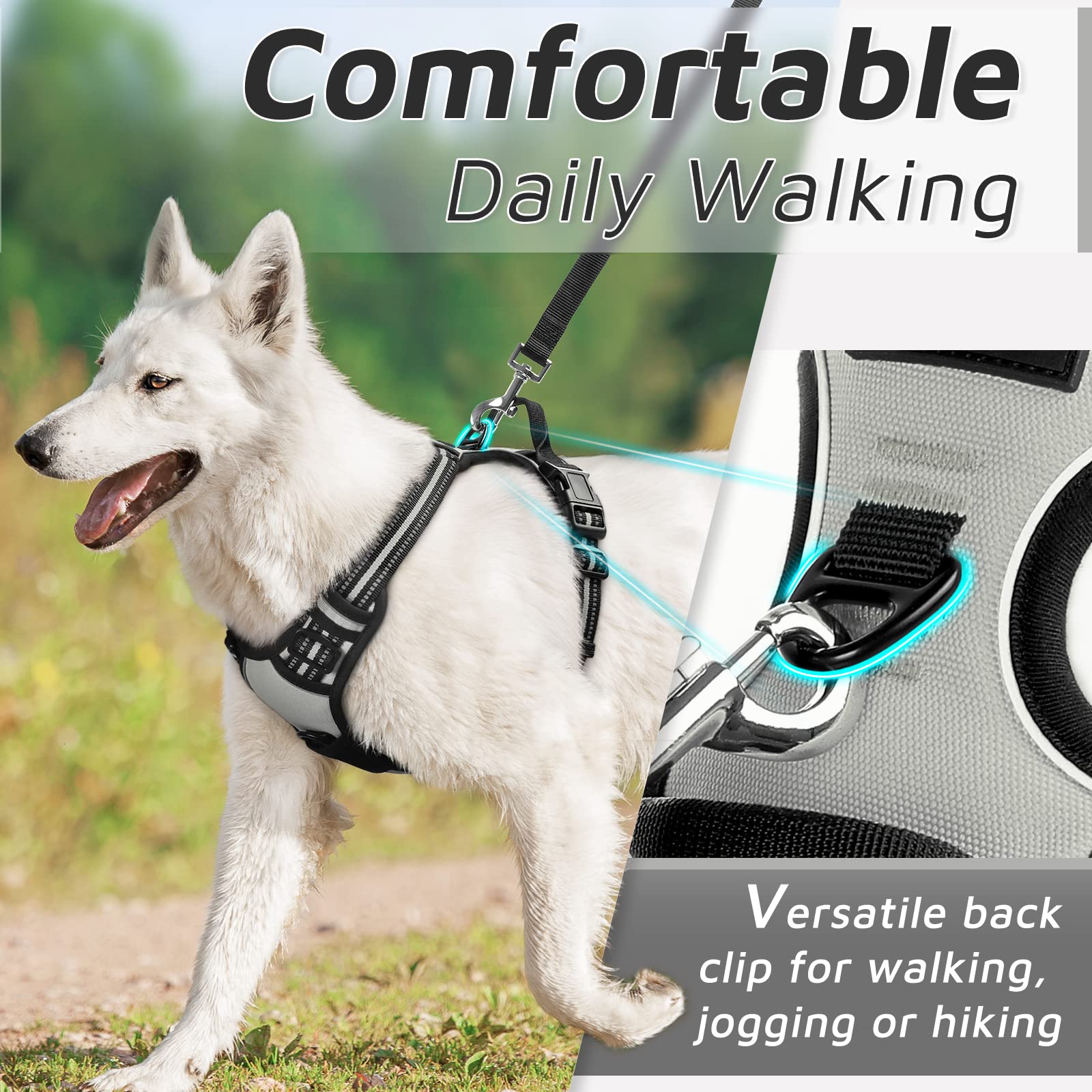 Eagloo Dog Harness Medium Sized Dog, No Pull Service Vest With Reflective Strips And Control Handle, Adjustable And Comfortable For Easy Walking, No Choke Pet Harness With 2 Metal Rings, Grey, M
