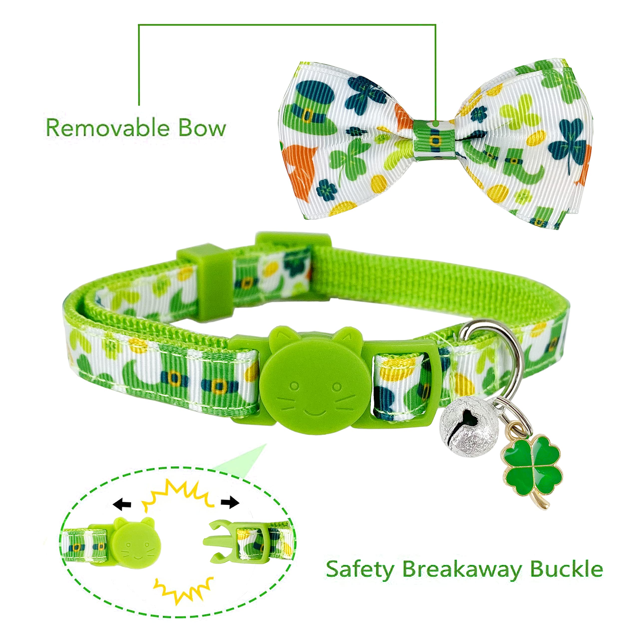 St. Patrick'S Cat Collar With Bow Tie And Bell, Kitty Kitten Breakaway Lucky Irish Shamrock Collar For Girls And Boys Male Femal