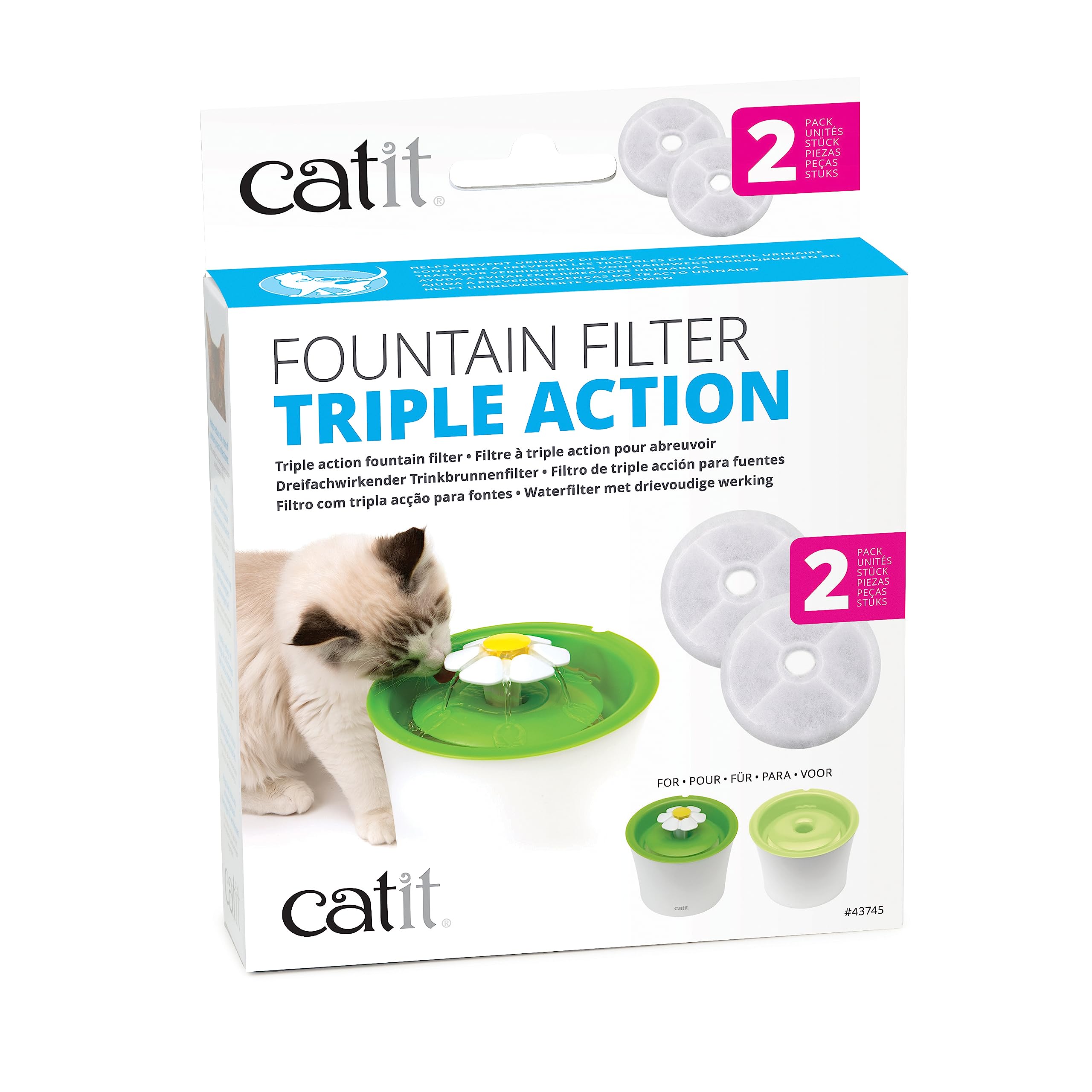 Catit Triple Action Replacement Original Water Fountain Filters, 2 Pack - Official Replacement Filters For Catit Cat Drinking Water Fountains