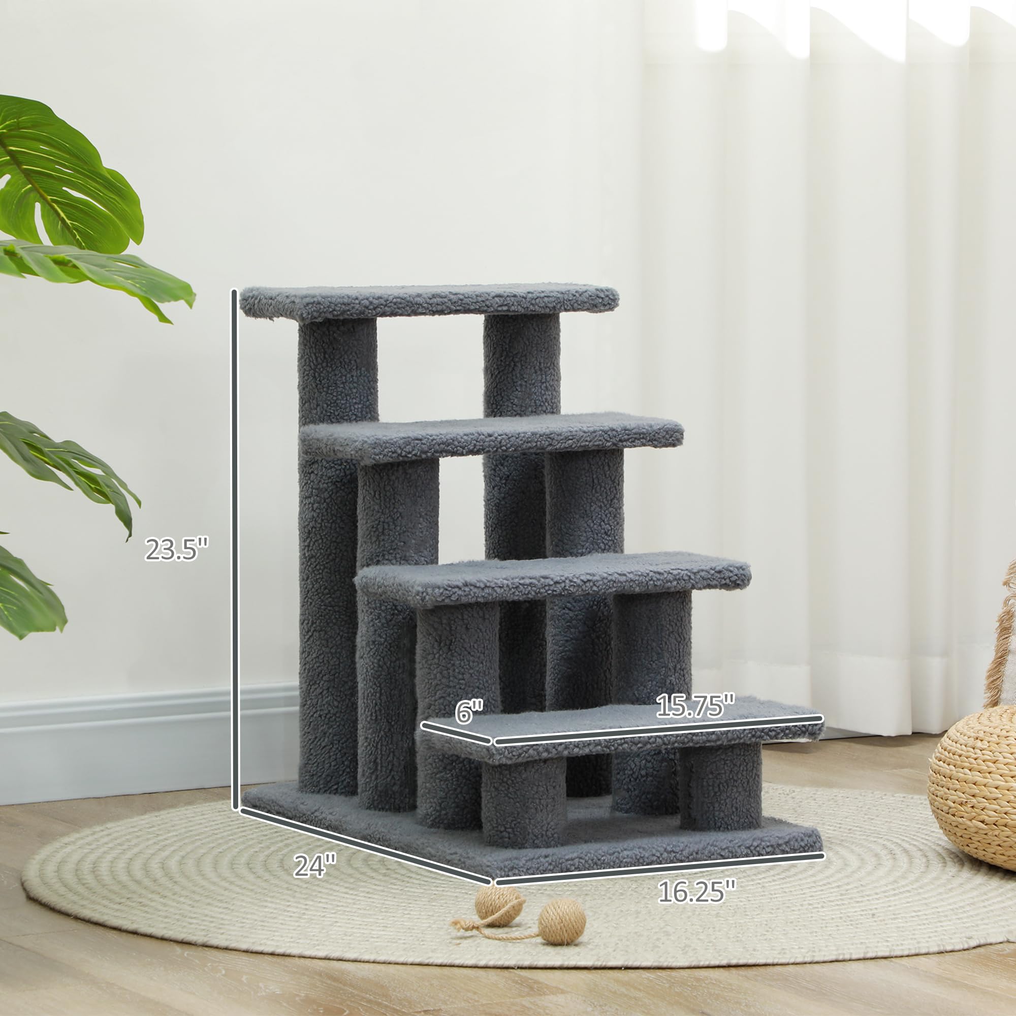 Pawhut 25'' 4-Step Multi-Level Carpeted Cat Scratching Post Pet Stairs - Grey