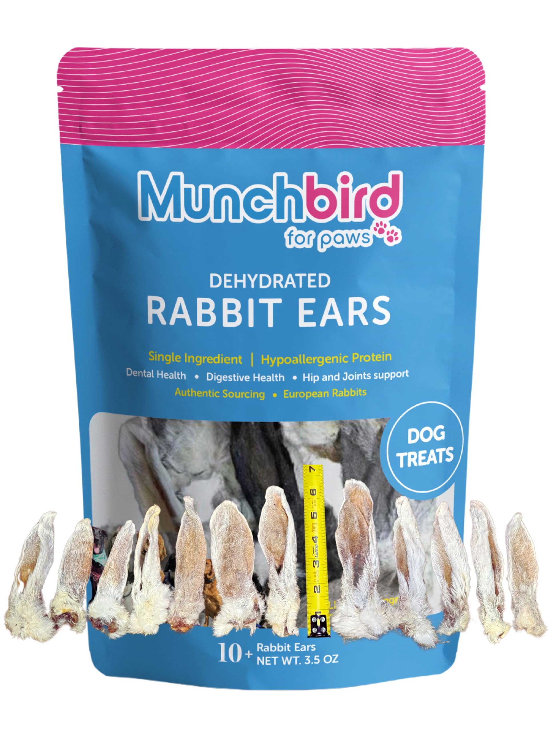 Munchbird Dehydrated Rabbit Ears 100g (3.5 oz) 12-15 pcs for Dogs, European Furry Rabbit Ear Natural Fiber for Pets, Rawhide Fre