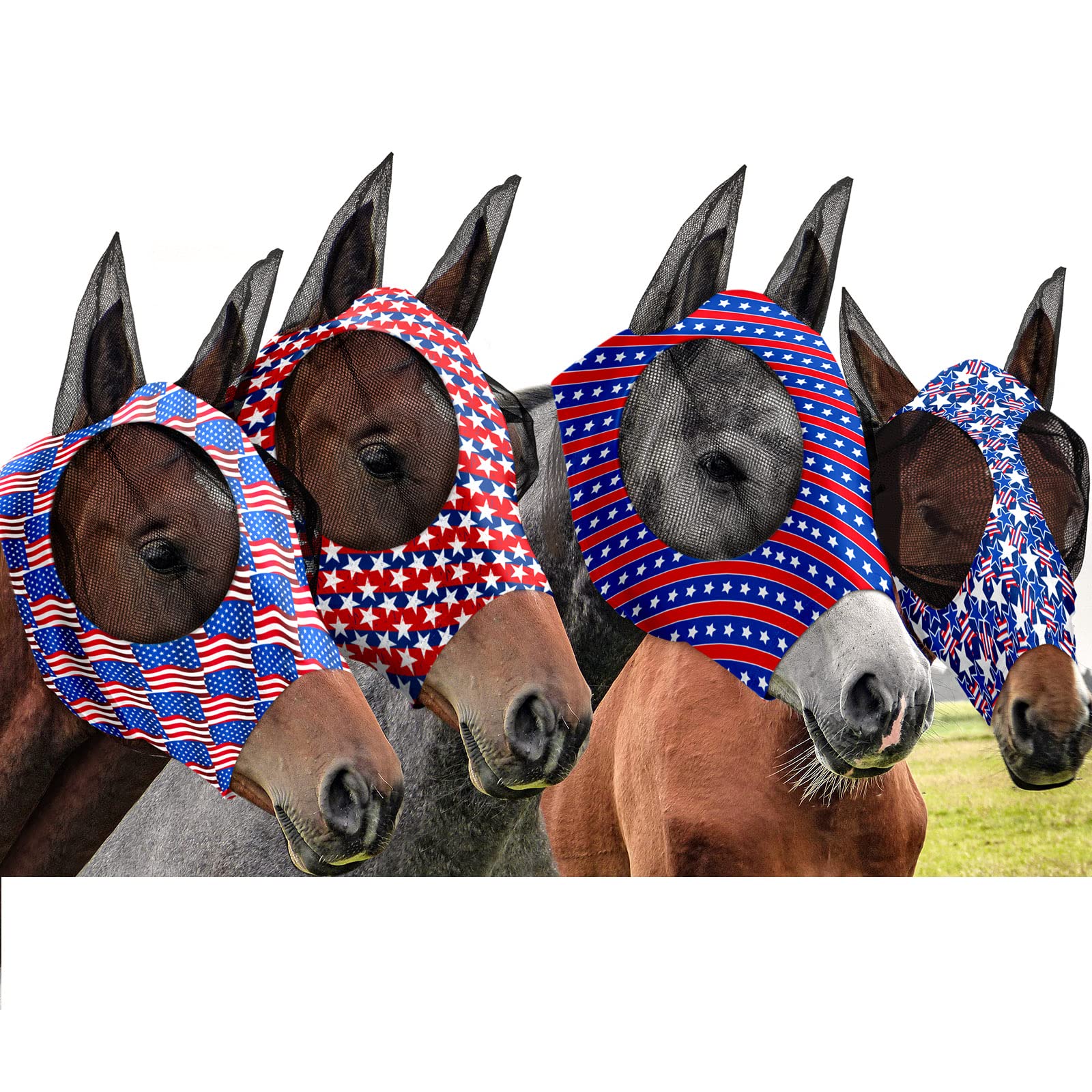 Frienda 4 Pcs Horse Fly Mask with Ears Horse Face Covering Elasticity Smooth Comfortable Mask with UV Protection(Large)