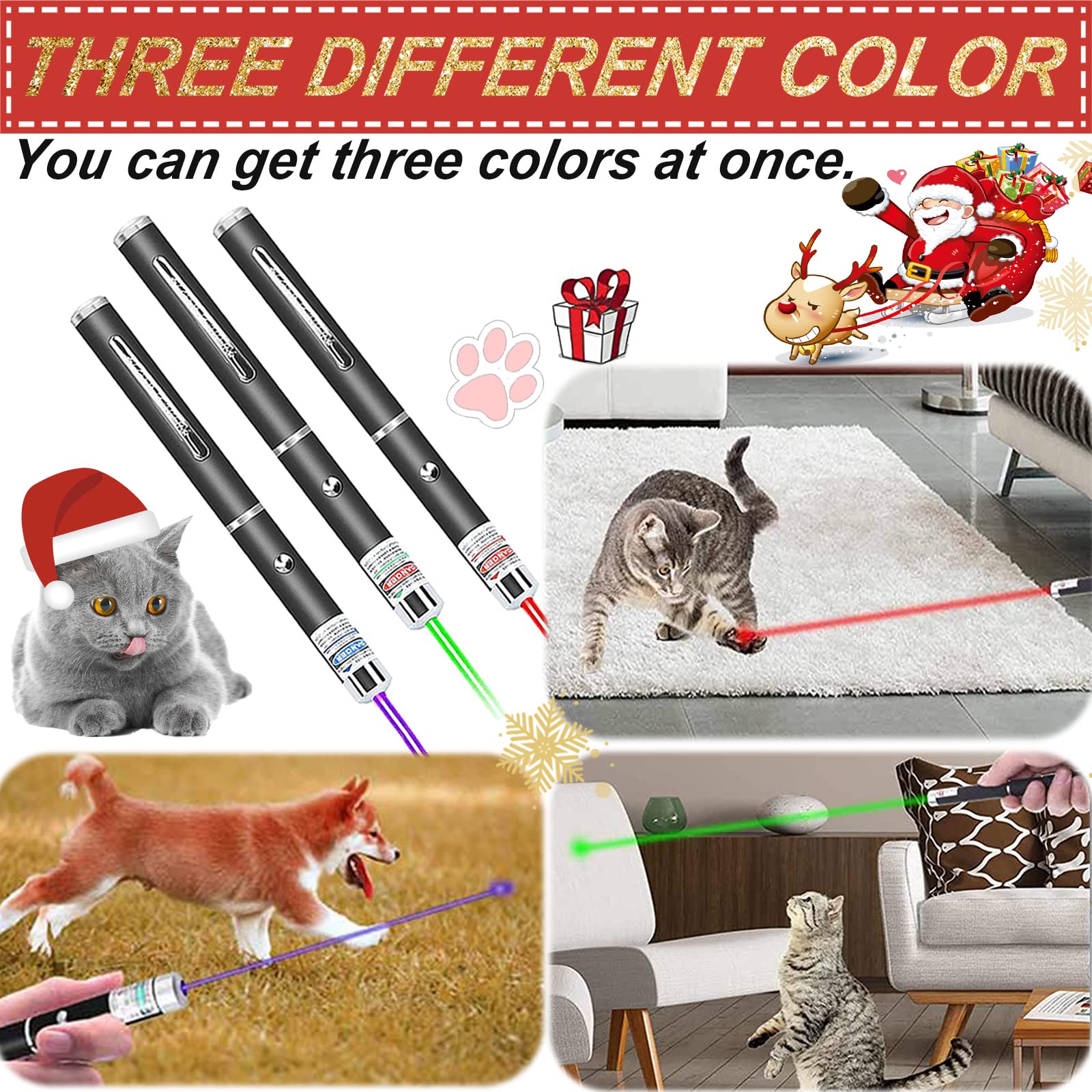 Meusno 3 Pack Cat Laser Pointer Toy, Red Green Purple Cat Laser Pointer For Cats Dogs Indoor Chaser Cats Dog Pet Laser Toy Laser