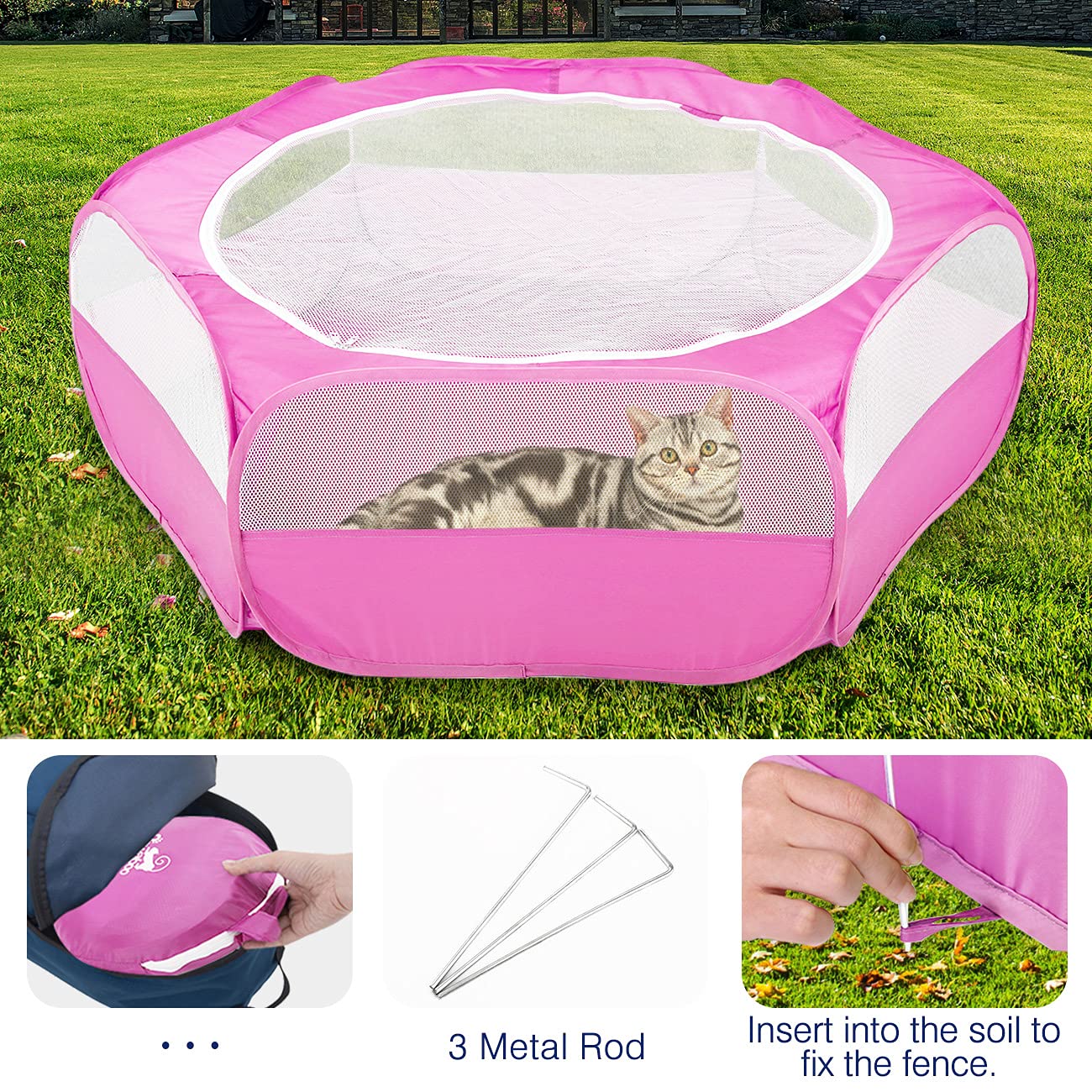 Pawaboo Small Animals Playpen, Waterproof Small Pet Cage Tent With Zippered Cover, Portable Outdoor Yard Fence With 3 Metal Rod