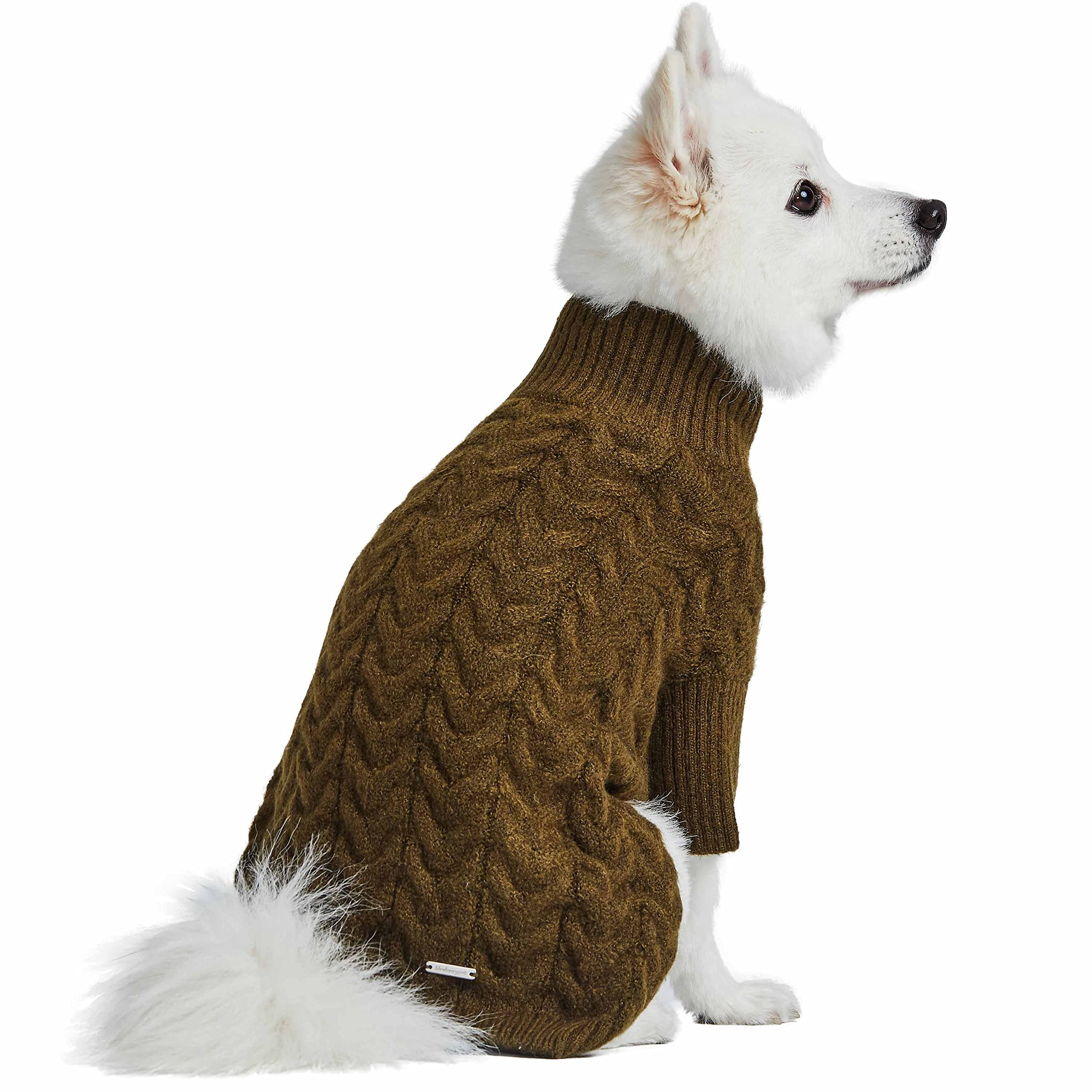 Blueberry Pet Classic Fuzzy Textured Knit Pullover Turtle-Neck Dog Sweater In Dark Olive, Back Length 20', Pack Of 1 Clothes For Dogs