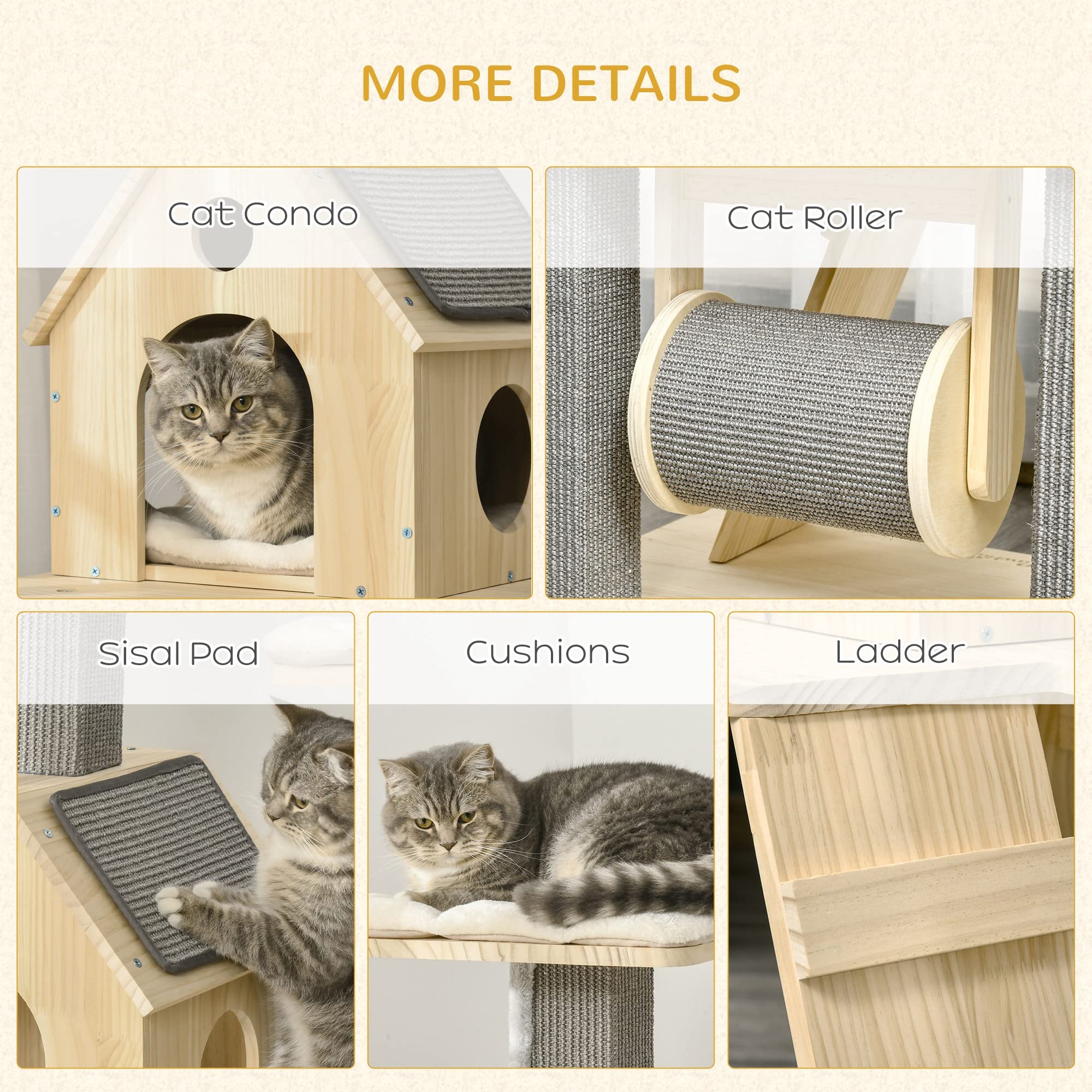 Pawhut Cozy-House Cat Tree For Indoor Cats With Pillow-Covered Perches, Spinning Toy, Modern Climbing Activity Cat Tower With Sc