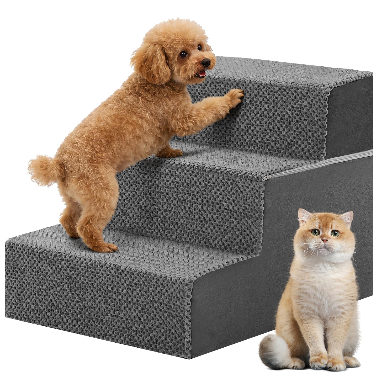 DUMOS Dog Stairs for Small and Medium Dogs, 3-Step Pet Steps with High-Density Foam, Indoor Non-Slip Pet Ramp for Puppy and Olde