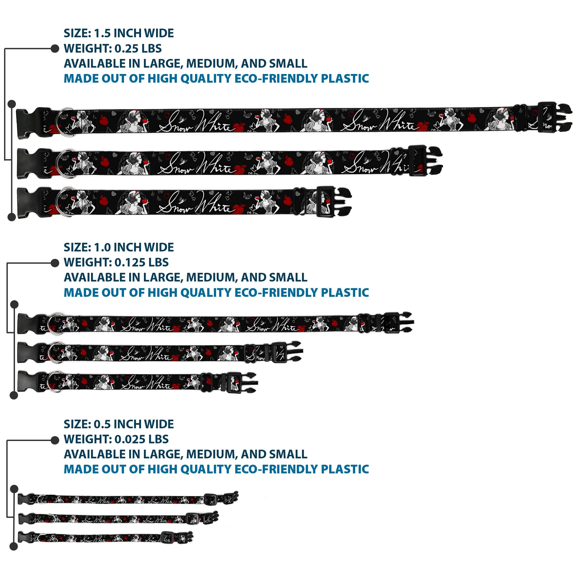 Buckle-Down Plastic Clip Collar - Snow White Apple Poses/Butterflies Black/Gray/Red - 1.5 Wide - Fits 16-23 Neck - Medium