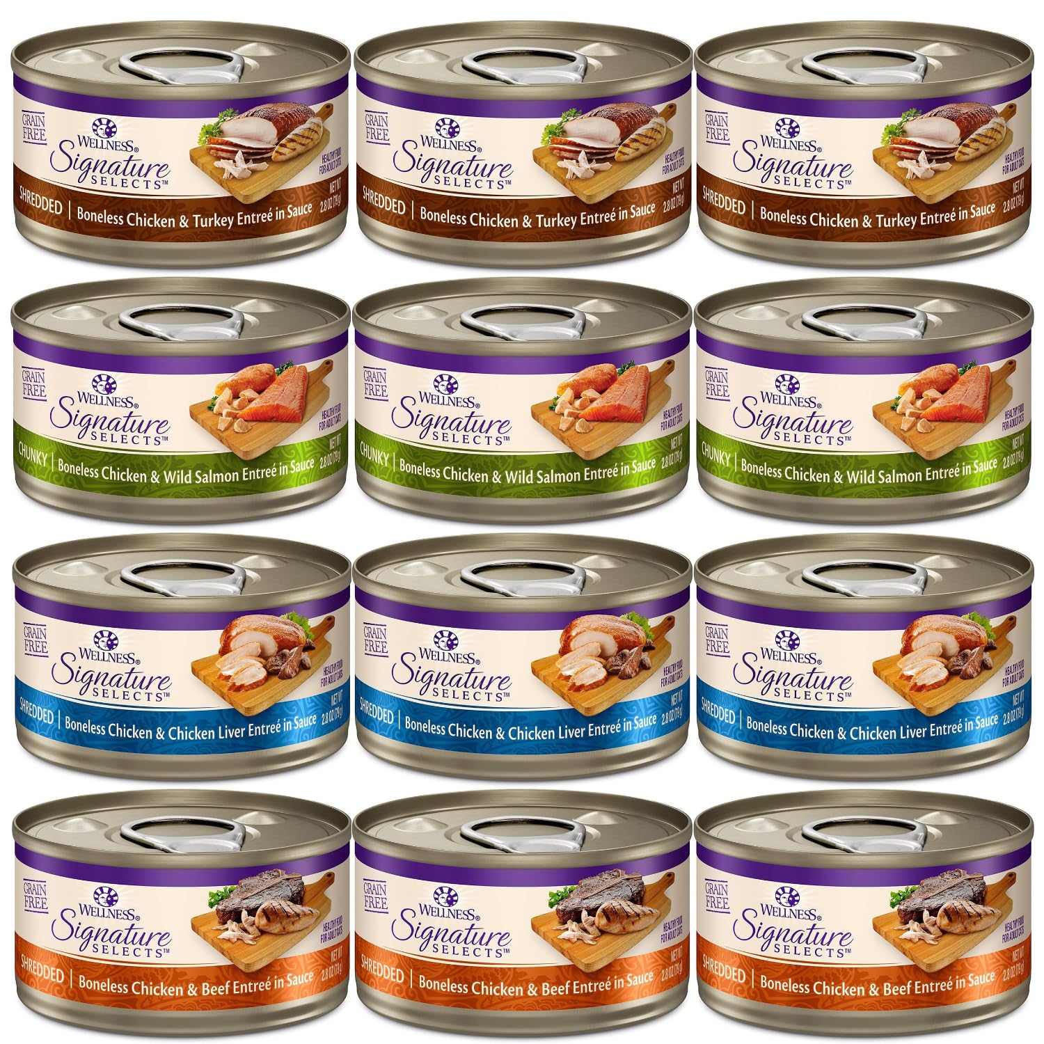 Wellness Canned Grain Free Wet Cat Food - Variety Bundle 4 Flavors Pack with Hotspot Pets Food Bowl (12 Cans) (Chicken & Beef, C