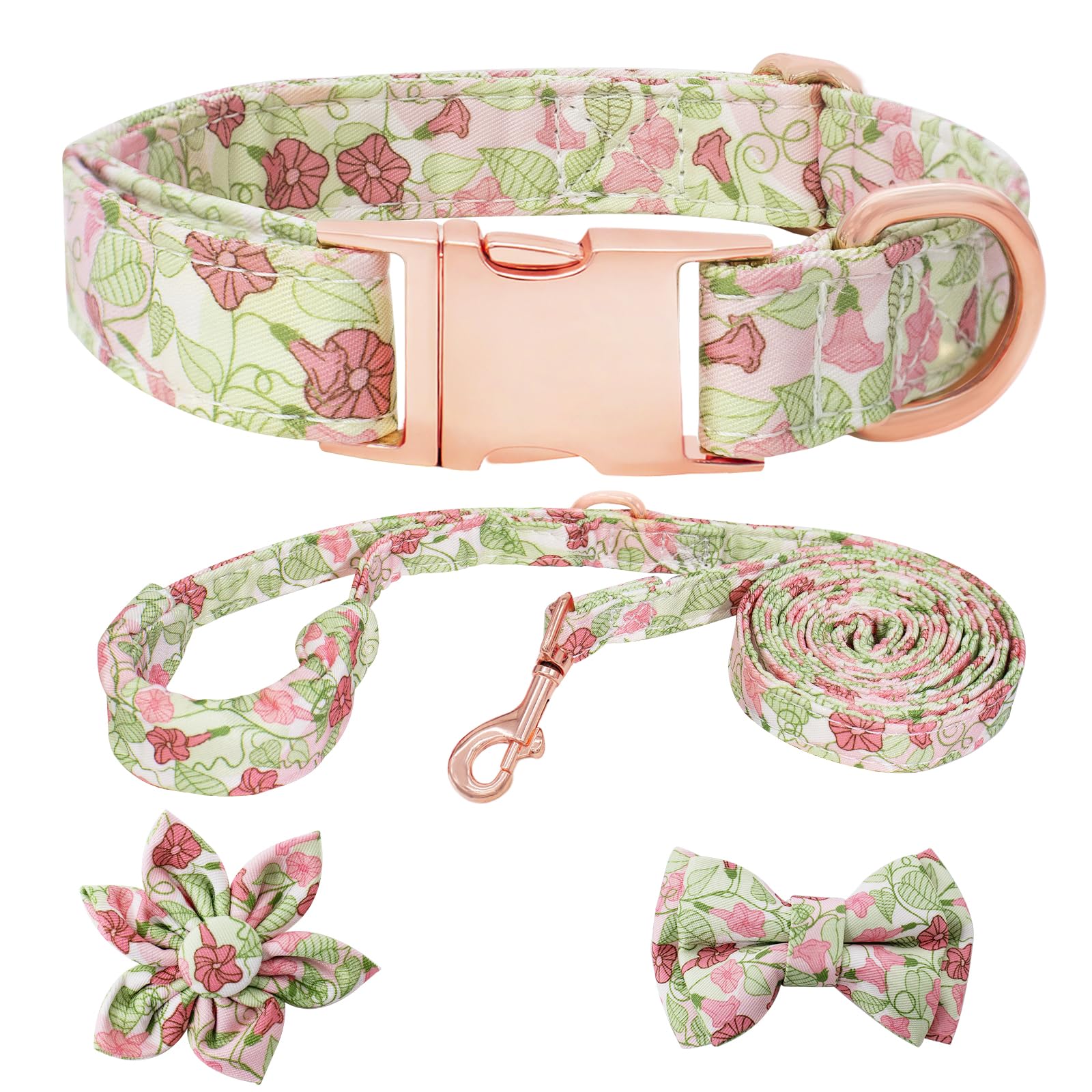 HSIGIO Dog Collar and Leash Set Girls Adjustable Puppy Collars with Floral Bow Tie for Small Medium Large Female Dogs, Morning G