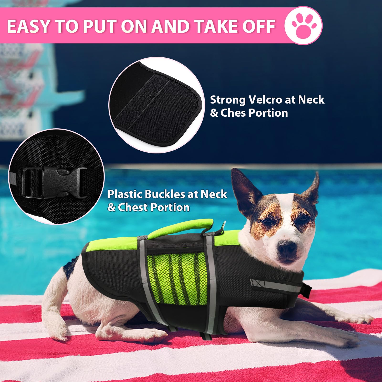 Queenmore Dog Life Jacket Lifesaver Preserver High Buoyancy With Emergency Grab Handle For Small & Medium Dogs Green, Small