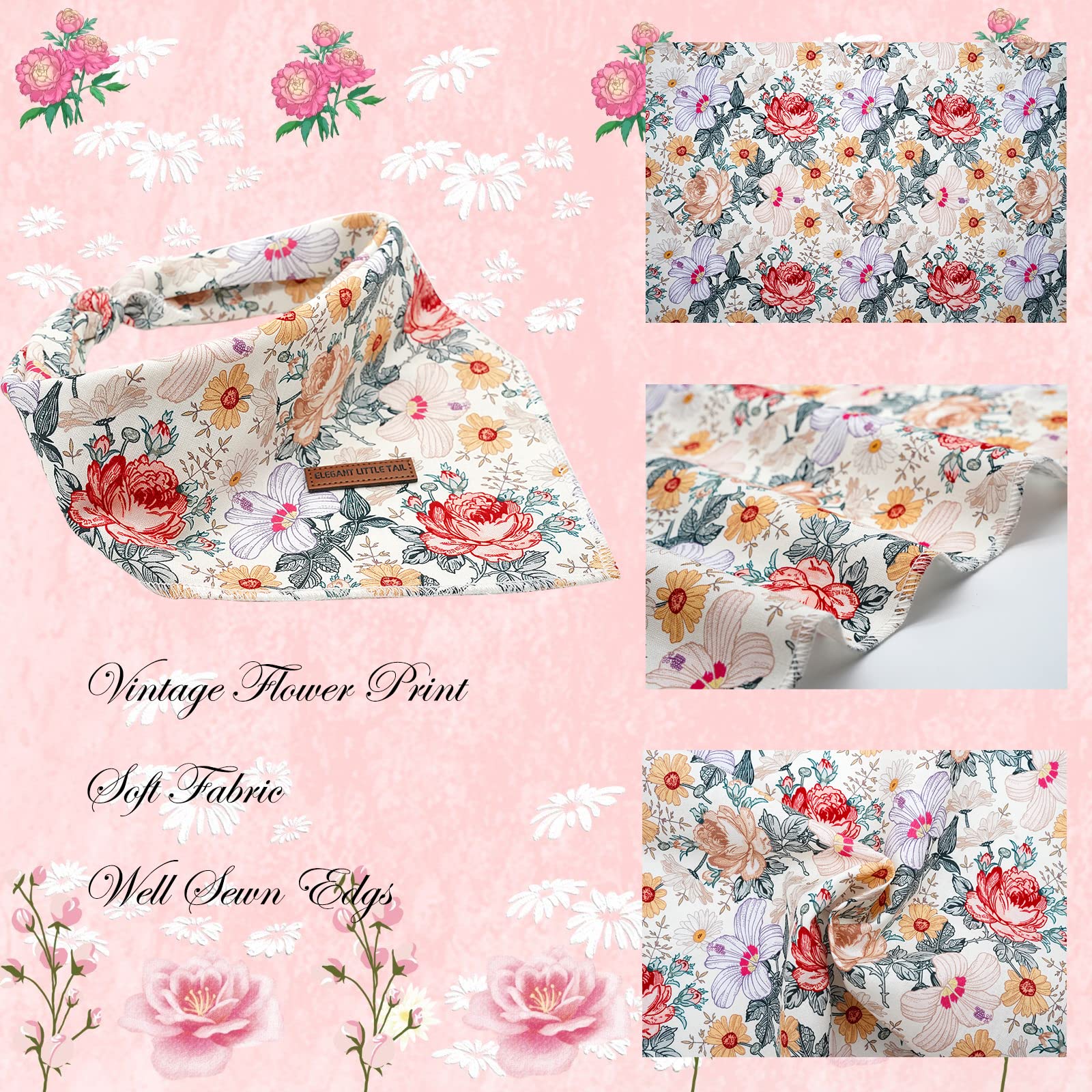 Elegant Little Tail Girl Dog Bandanas - Vintage Flower Pattern Dog Kerchief, Small/Medium/Large, Adjustable, Washable Square Sca