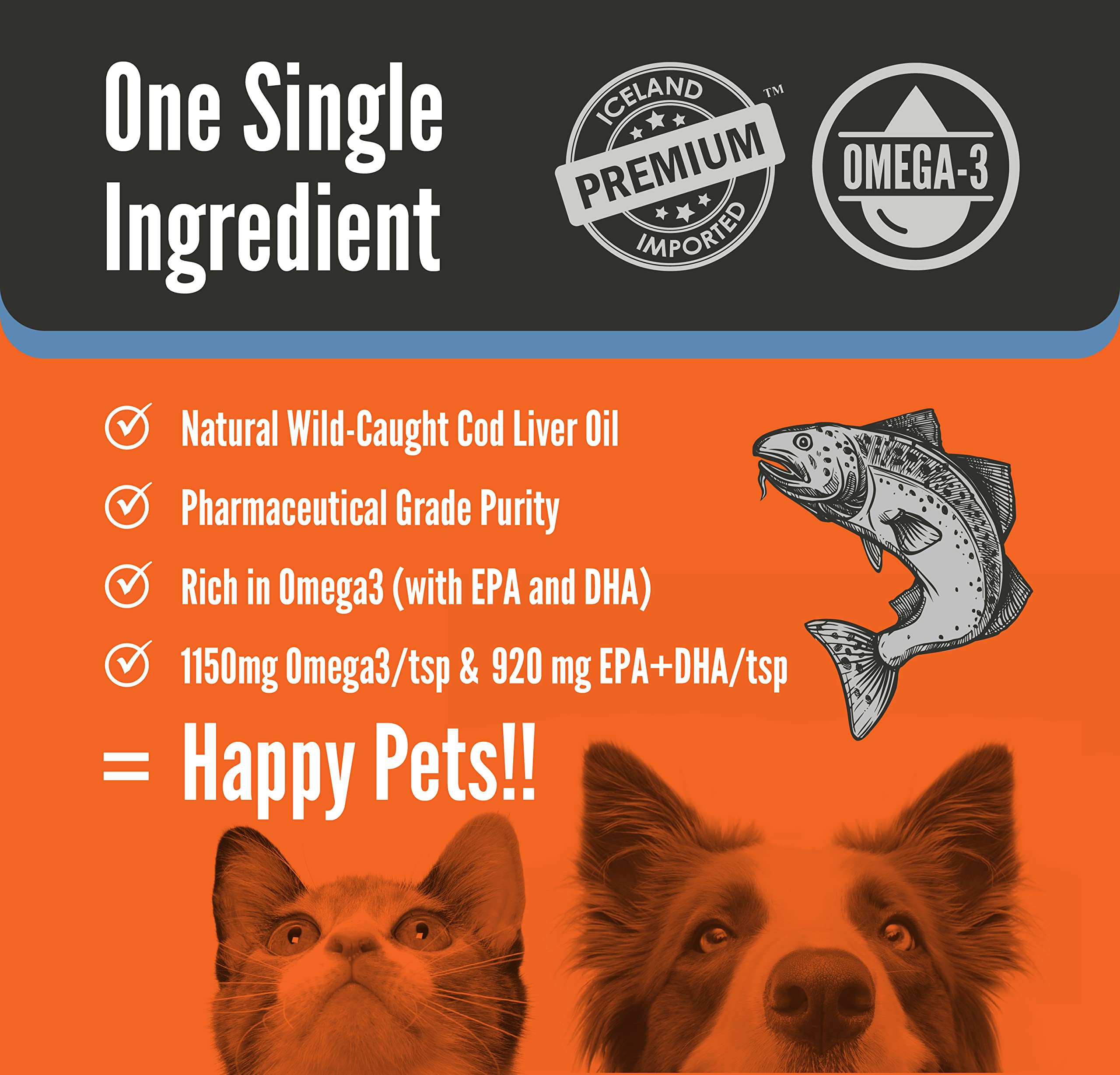 Wild Caught Pure Cod Liver Oil 16oz Highest Omega 3 1150mg/tsp, Highest Purity, High EPA/DHA, Vitamin A & D - Reduces Itching, H