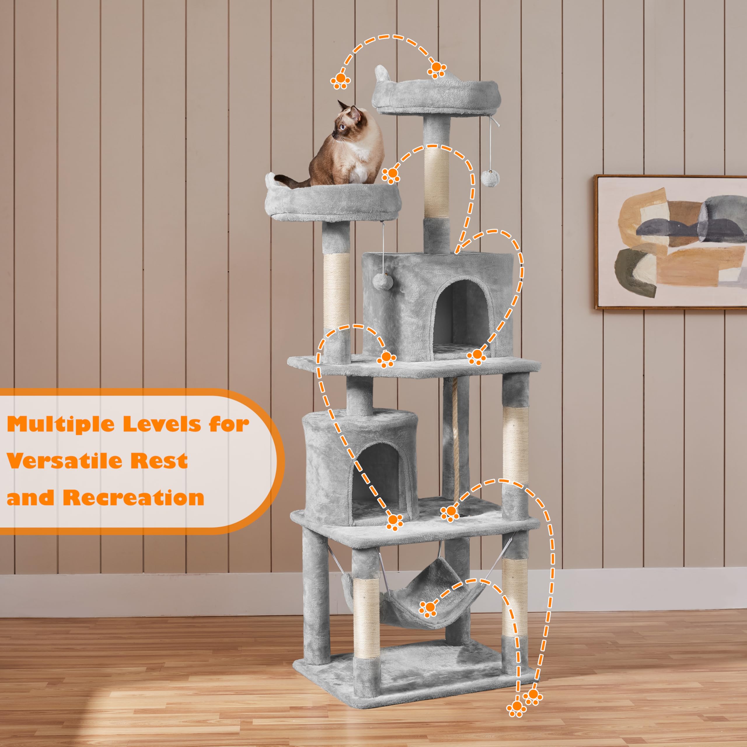 Yaheetech Cat Tree Tower, 70.5In Multi Level Cat Tree Kitten Condo With 2 Condos & 2 Plush Perches & Scratching Post & Dangling