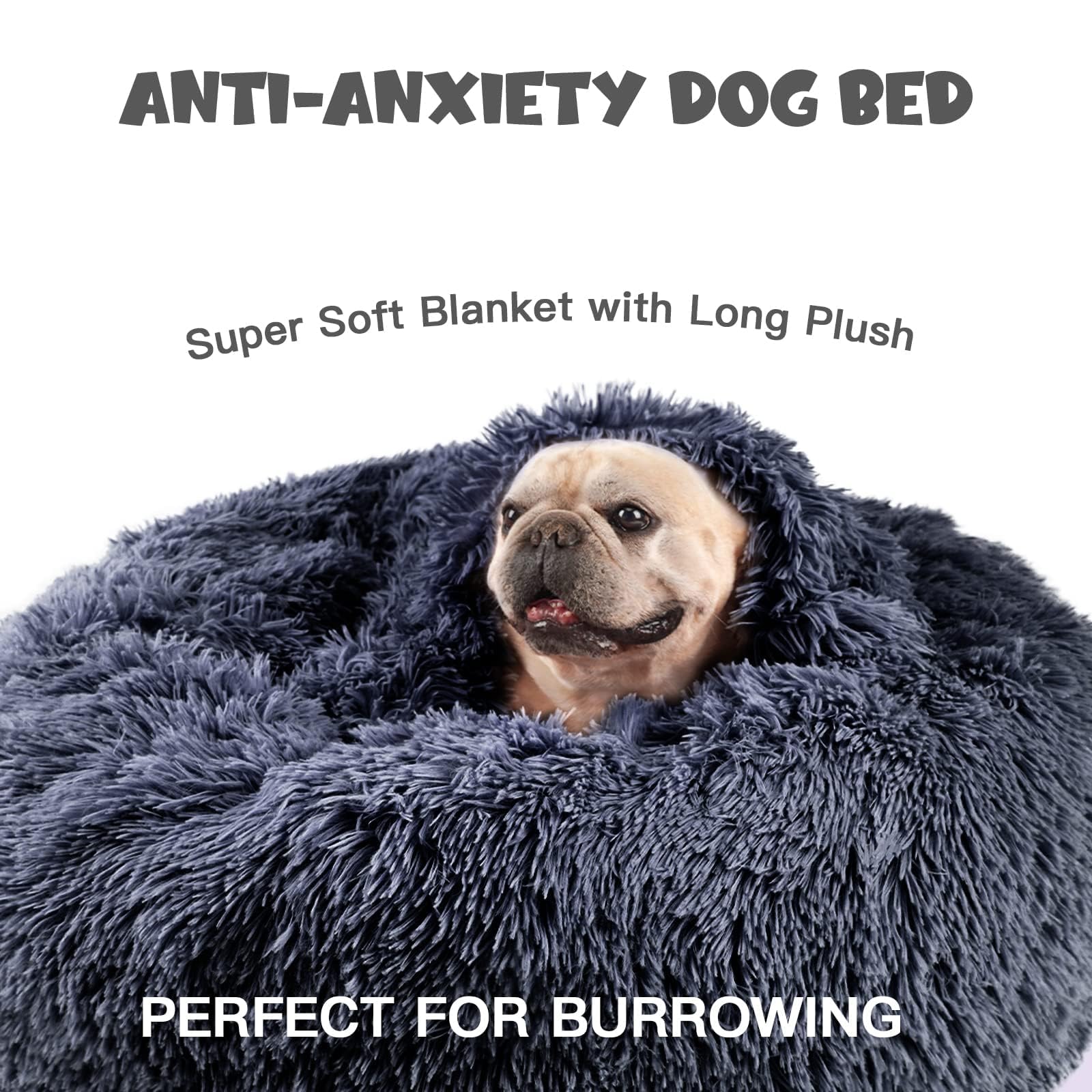 Himax Medium Dog Bed, Round Dogs Beds With Blanket Attached, Comfort Fluffy Calming Dog Bed Washable (20''/26''/35'') Deep Grey