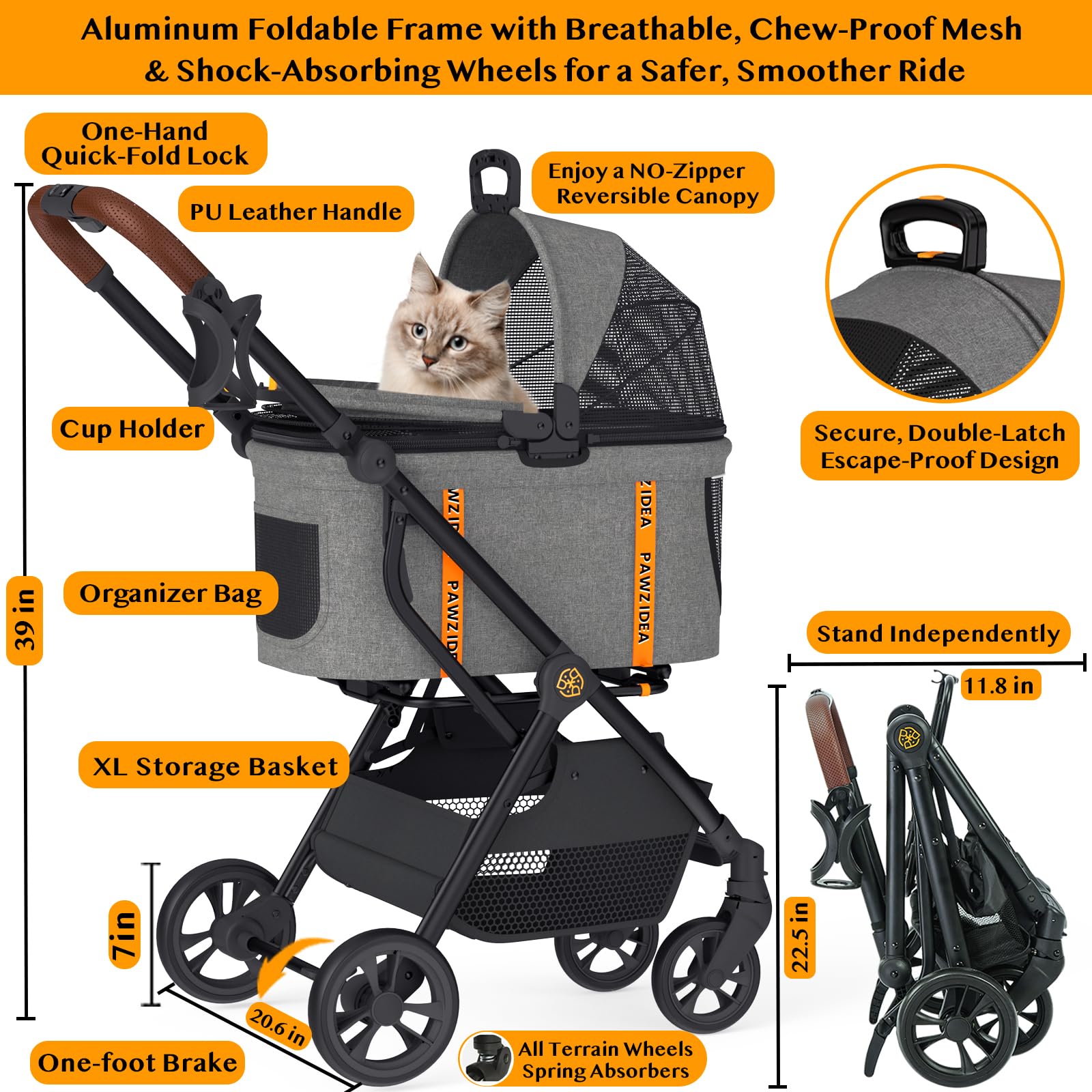 Pawzidea Pet Stroller 4 In 1, Dog Strollers For Small/Medium Dogs With Detachable Carrier Easy Lock Canopy, Seatbelt Puppy Car S