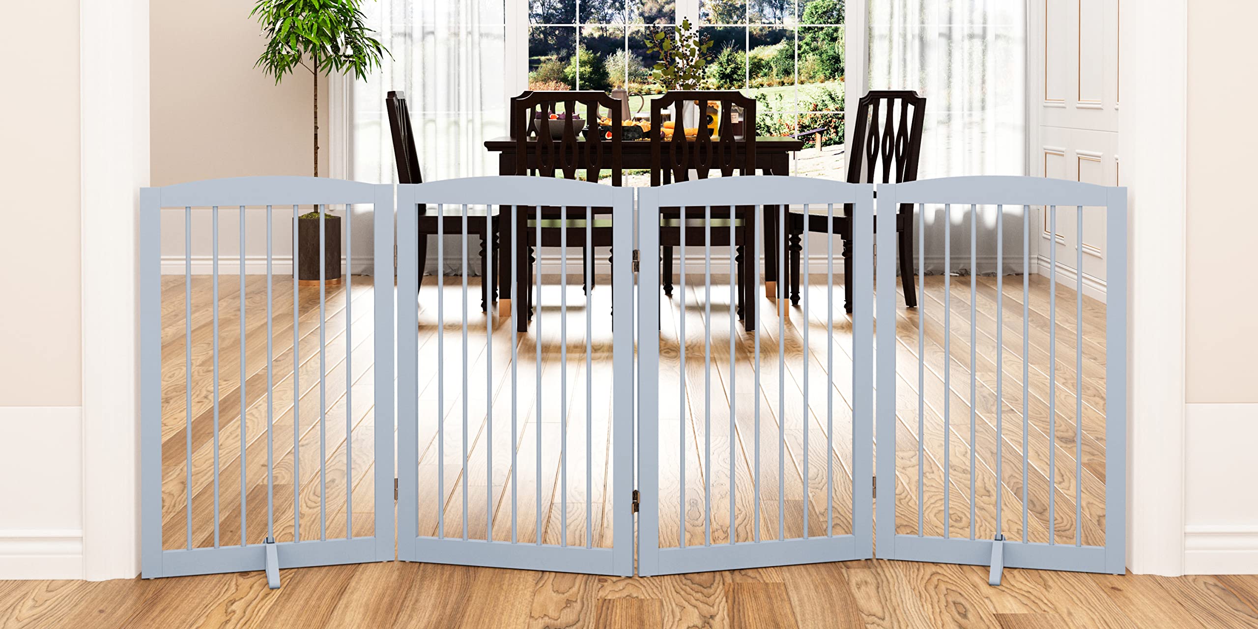 Pupetpo Freestanding Pet Gate For Dogs, Indoor Wooden Dog Gate For House, Foldable Dog Gate For Doorway, Stair,Hall, Step Over Pet Puppy Safety Fence Tall, 80 Inch Wide, 4 Panels 32',Grey
