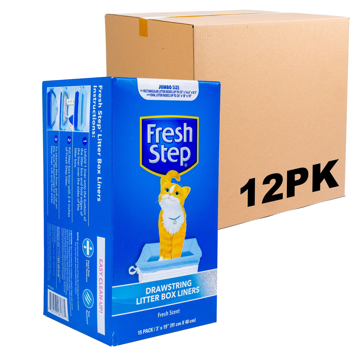 Fresh Step Drawstring Cat Litter Box Liners, Fresh Scent, Size Jumbo, 36' X 19' | Kitty Litter Bags - Cat Litter Liners For Rectangle Or Oval Large Litterboxes, 15 Count - 12 Pack