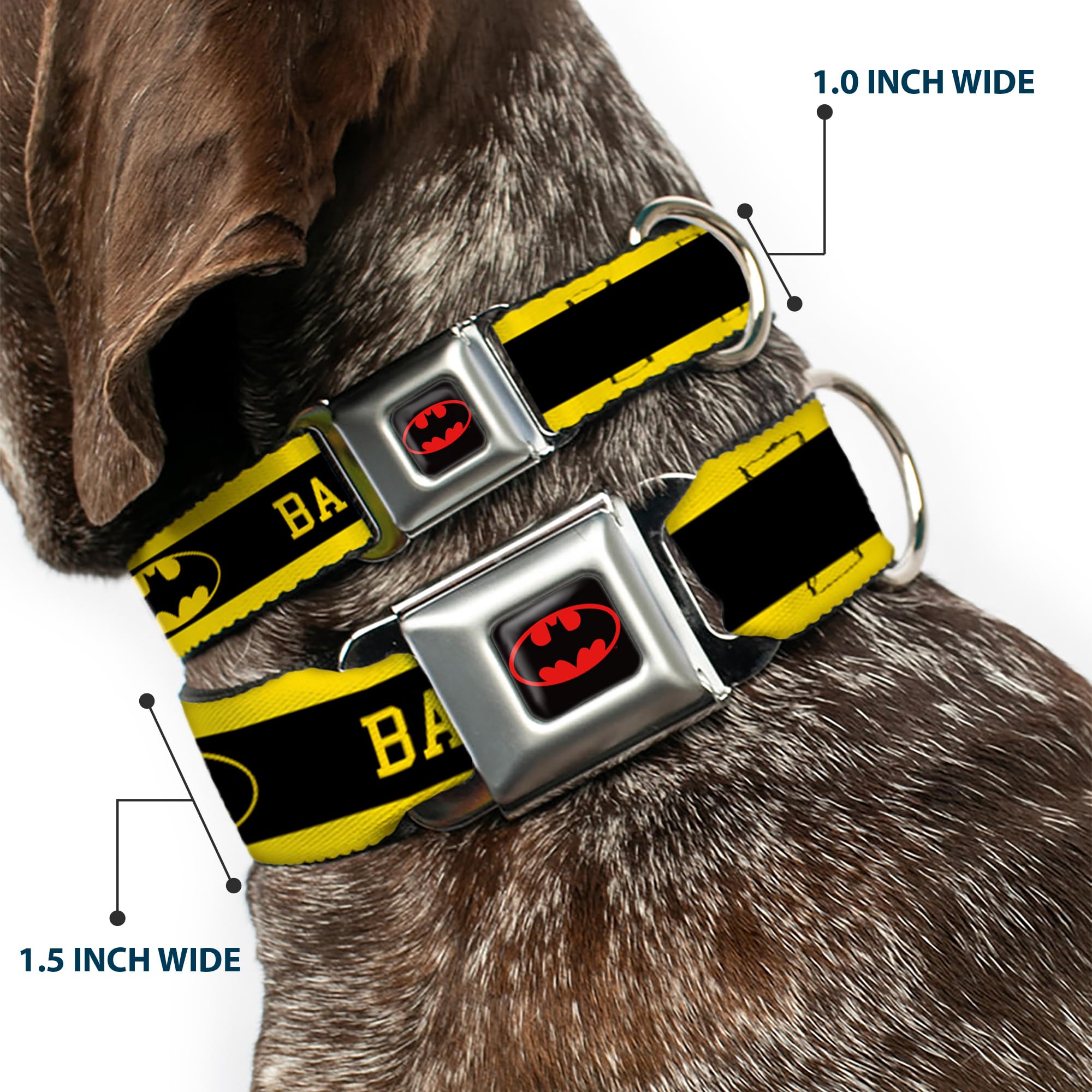 Buckle-Down Seatbelt Buckle Dog Collar - Batman/Logo Stripe Yellow/Black - 1'' Wide - Fits 9-15'' Neck - Small
