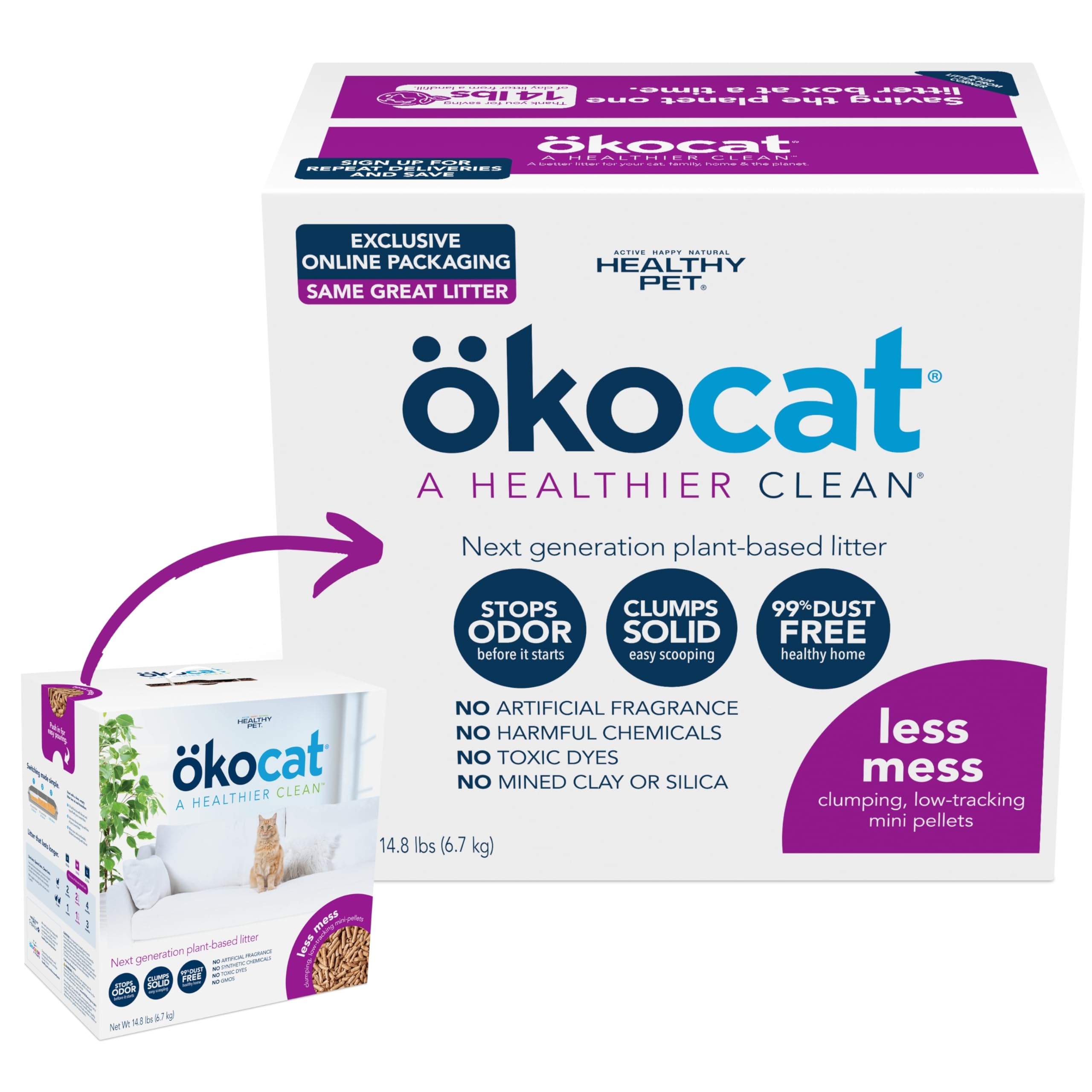 Ökocat Less Mess Low Tracking Wood Clumping Cat Litter Mini- Pellets, Unscented, 14.8 Pounds - Natural Ingredients, Stops Odor, Clumps Solid, 99% Dust Free, Great For Long-Hair Breeds, All Cats