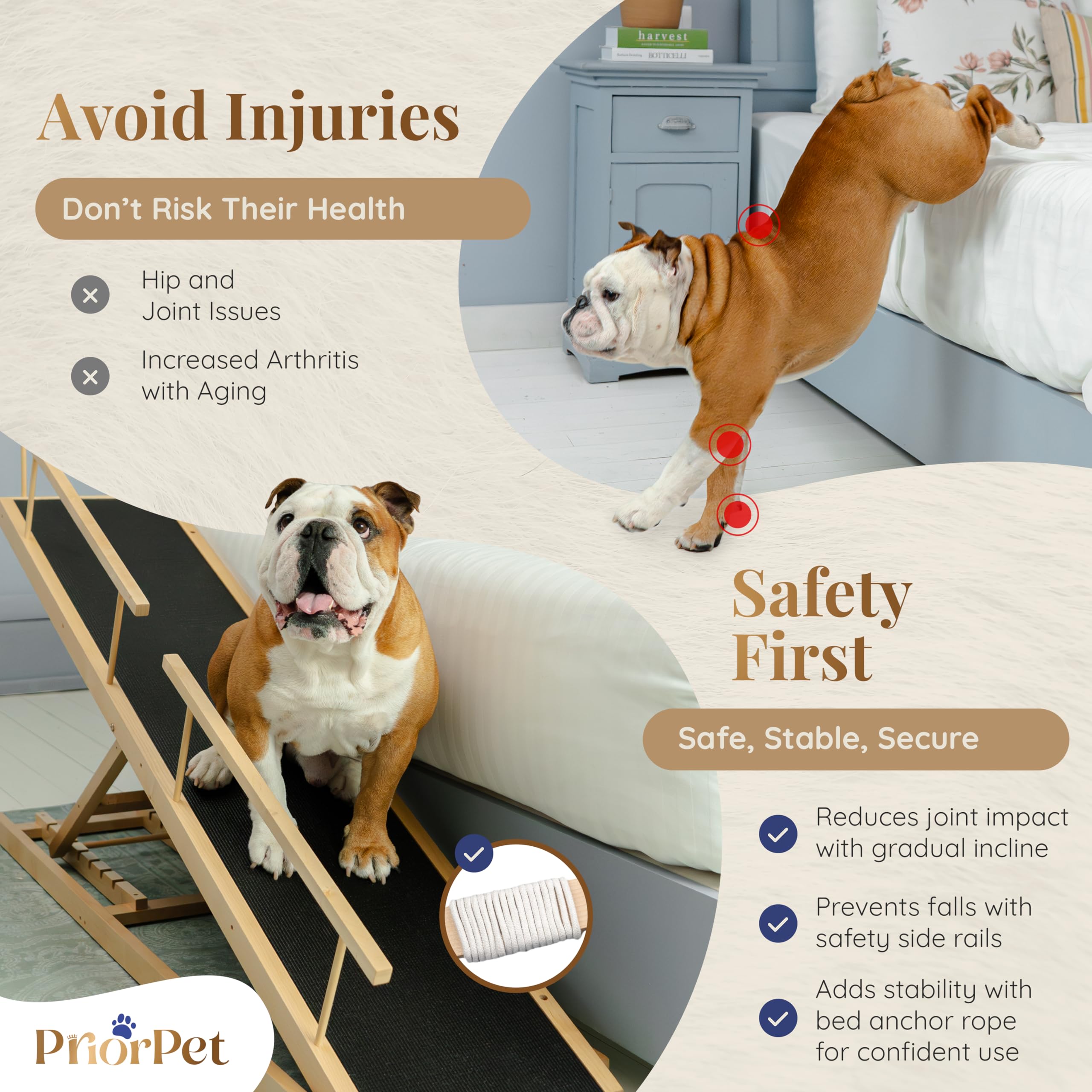 Dog ramp for Bed - PRIORPET Birchwood Adjustable Ramp for Dogs to Get on Bed: Dog ramps for High Beds up to 37 Inches - Foldable