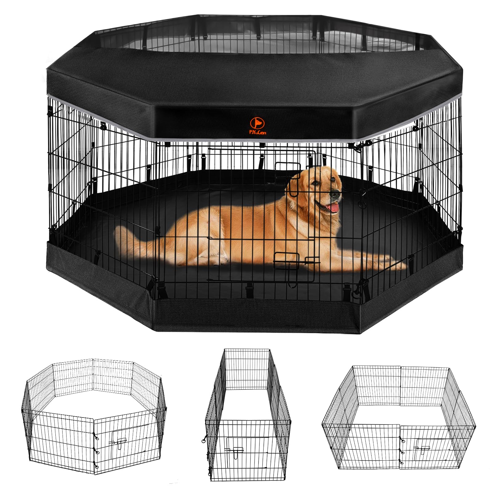 Pjyucien Dog Playpen - Metal Foldable Dog Exercise Pen, Pet Fence Puppy Crate Kennel Indoor Outdoor With 8 Panels 24”H & Top Cover And Bottom Pad For Small Medium Pets