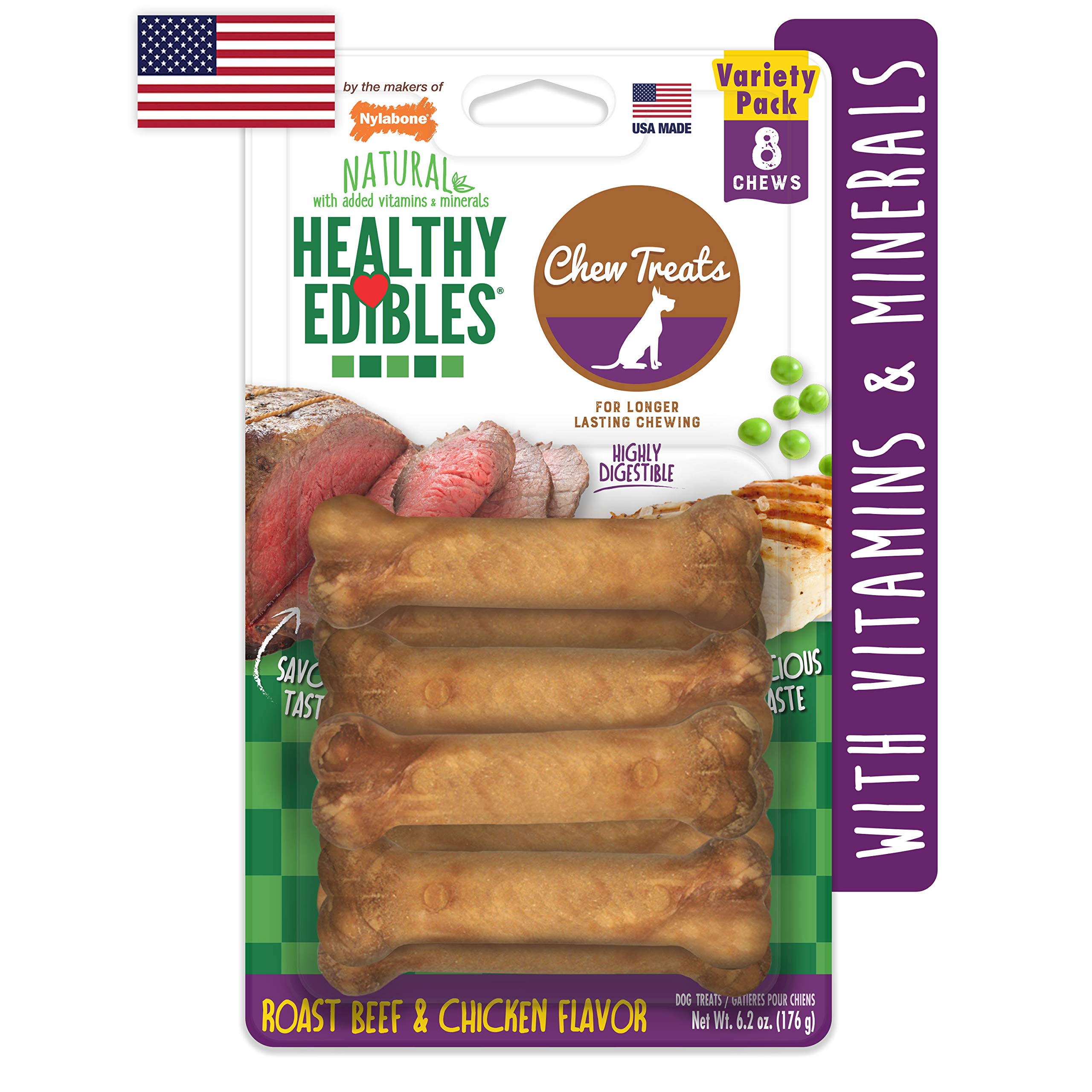 Nylabone Healthy Edibles Natural Dog Chews Long Lasting Chew Treats for Dogs, Roast Beef & Chicken Flavor, X-Small/Petite (8 Cou