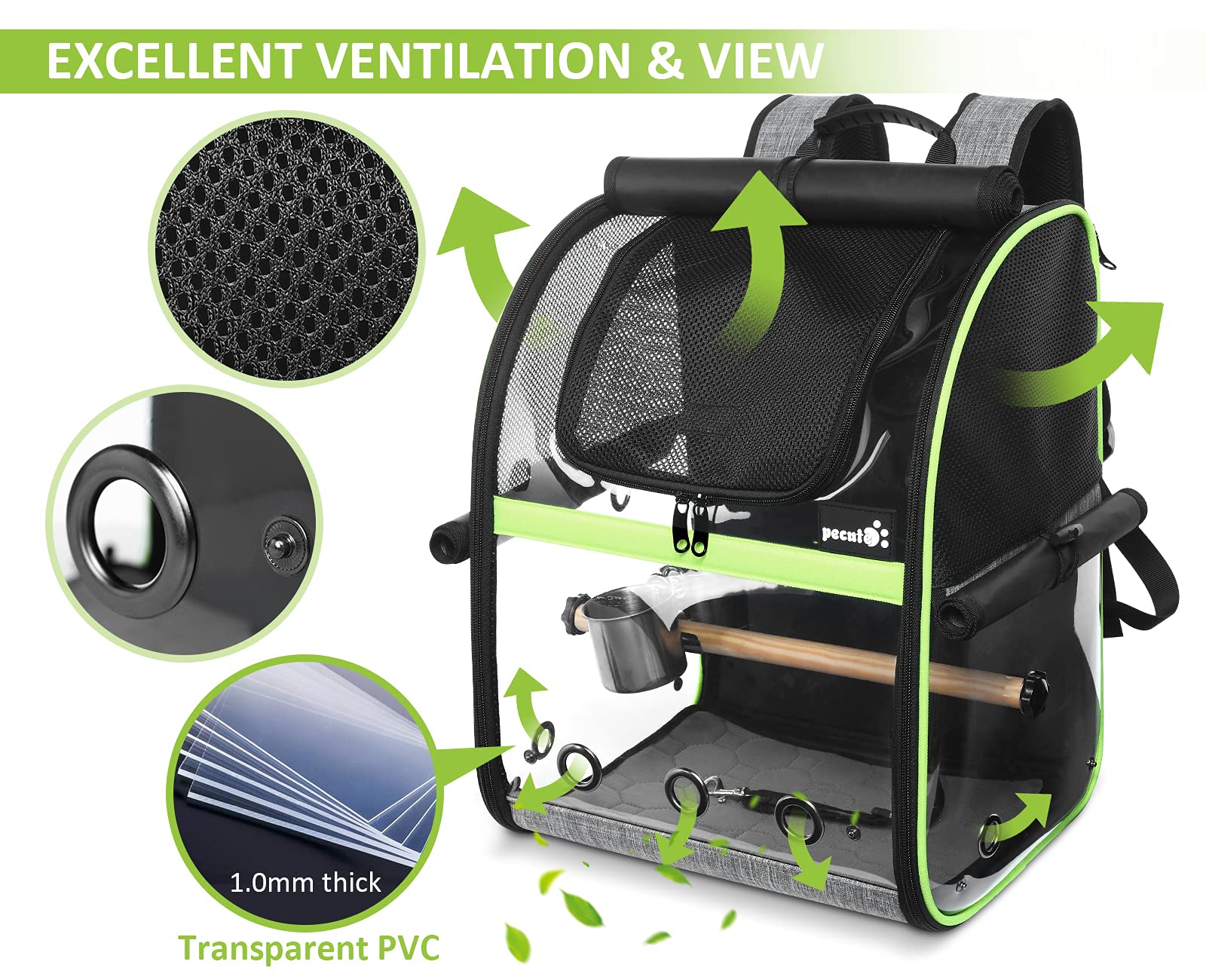 Pecute Bird Carrier Backpack, Parrots Bird Backpack with Visible Window, Adjustable Height Standing Perch, Feeding Cans, Waterpr