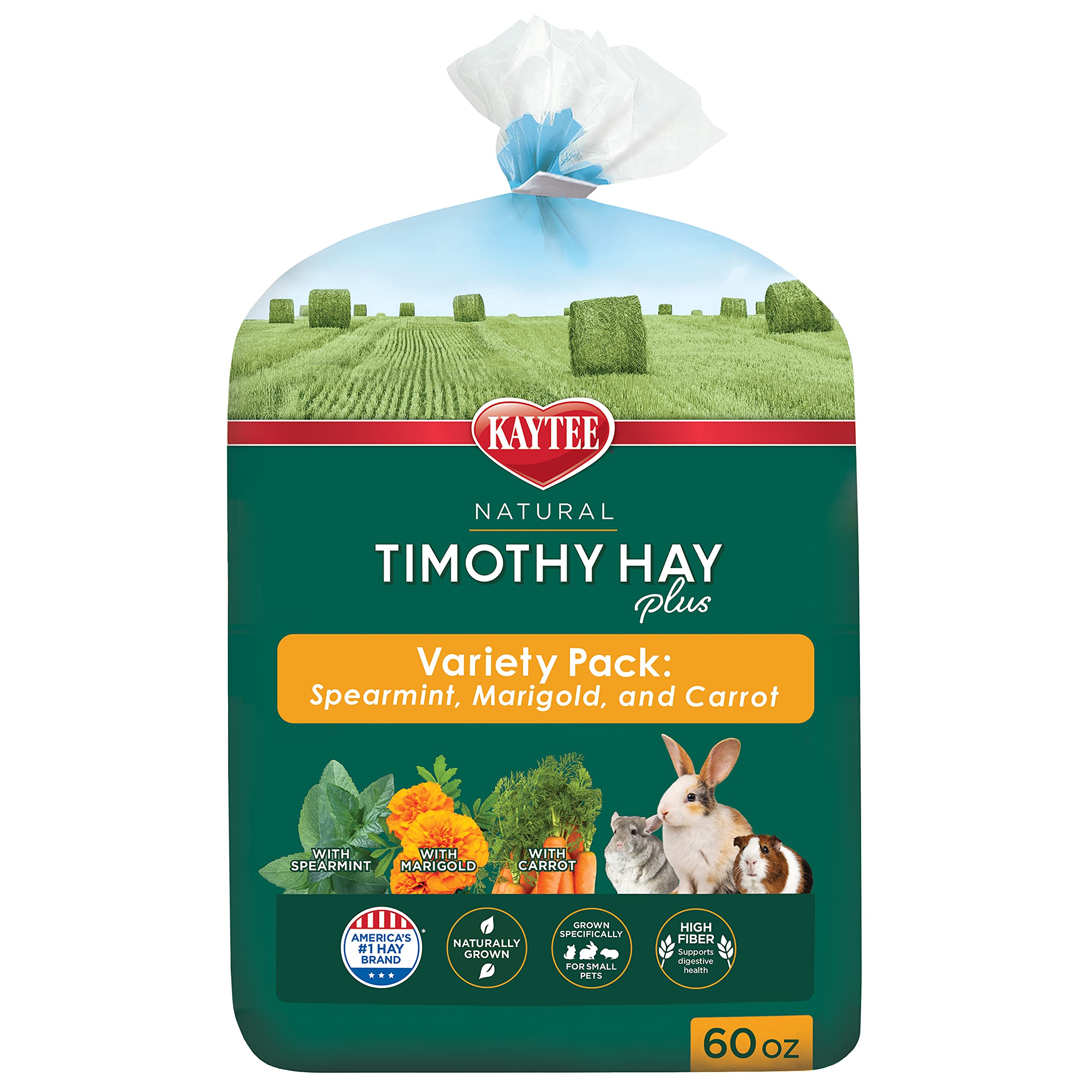 Kaytee Timothy Hay Plus Spearmint/Marigold/Carrot 3 Flavor Variety Pack for Pet Guinea Pigs, Rabbits & Other Small Animals, 60 O