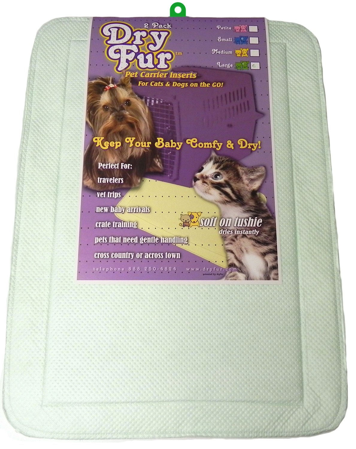 Dryfur Pet Carrier Insert Pads Size Large 24.50In X 17.25In Green - 2 Pack