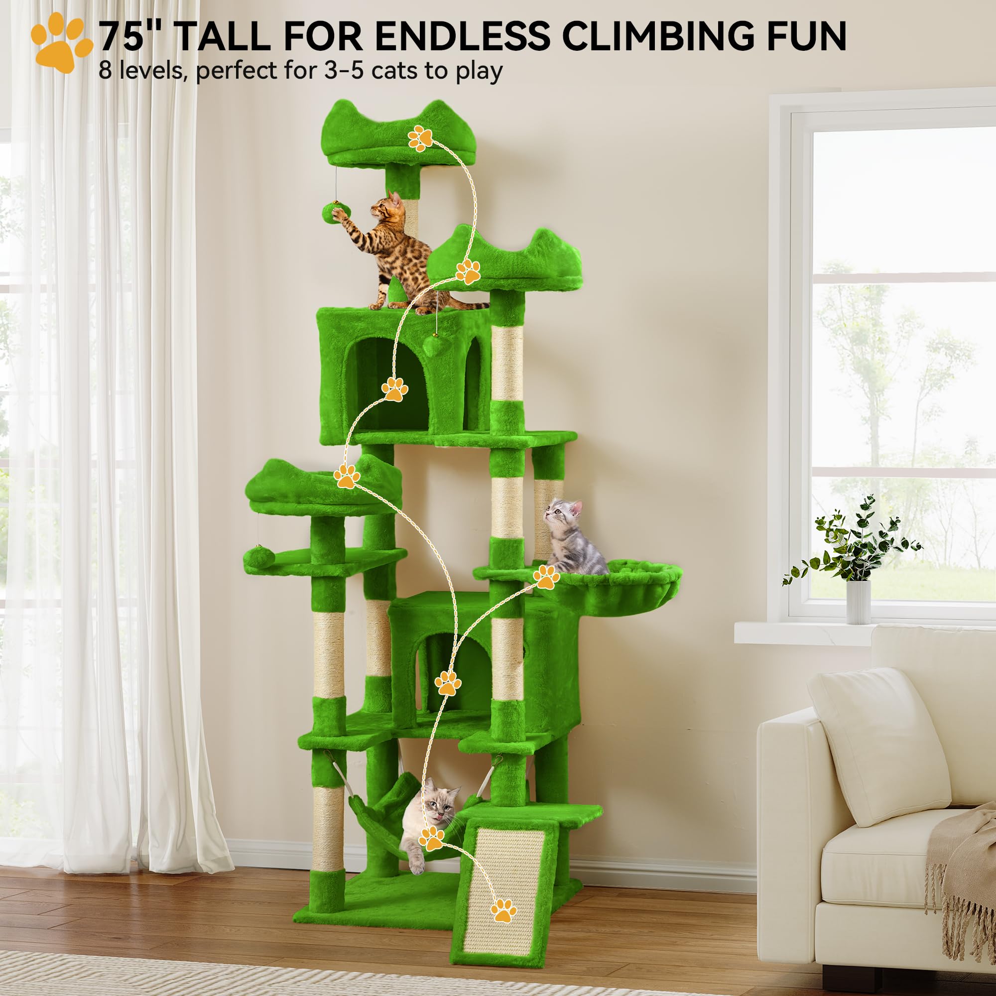 YITAHOME Tall Cat Tree Tower for Indoor Cats, 75in Multi-Level Cat Climbing Tower with Cat Condos, Top Perches, Hammock, Sisal S