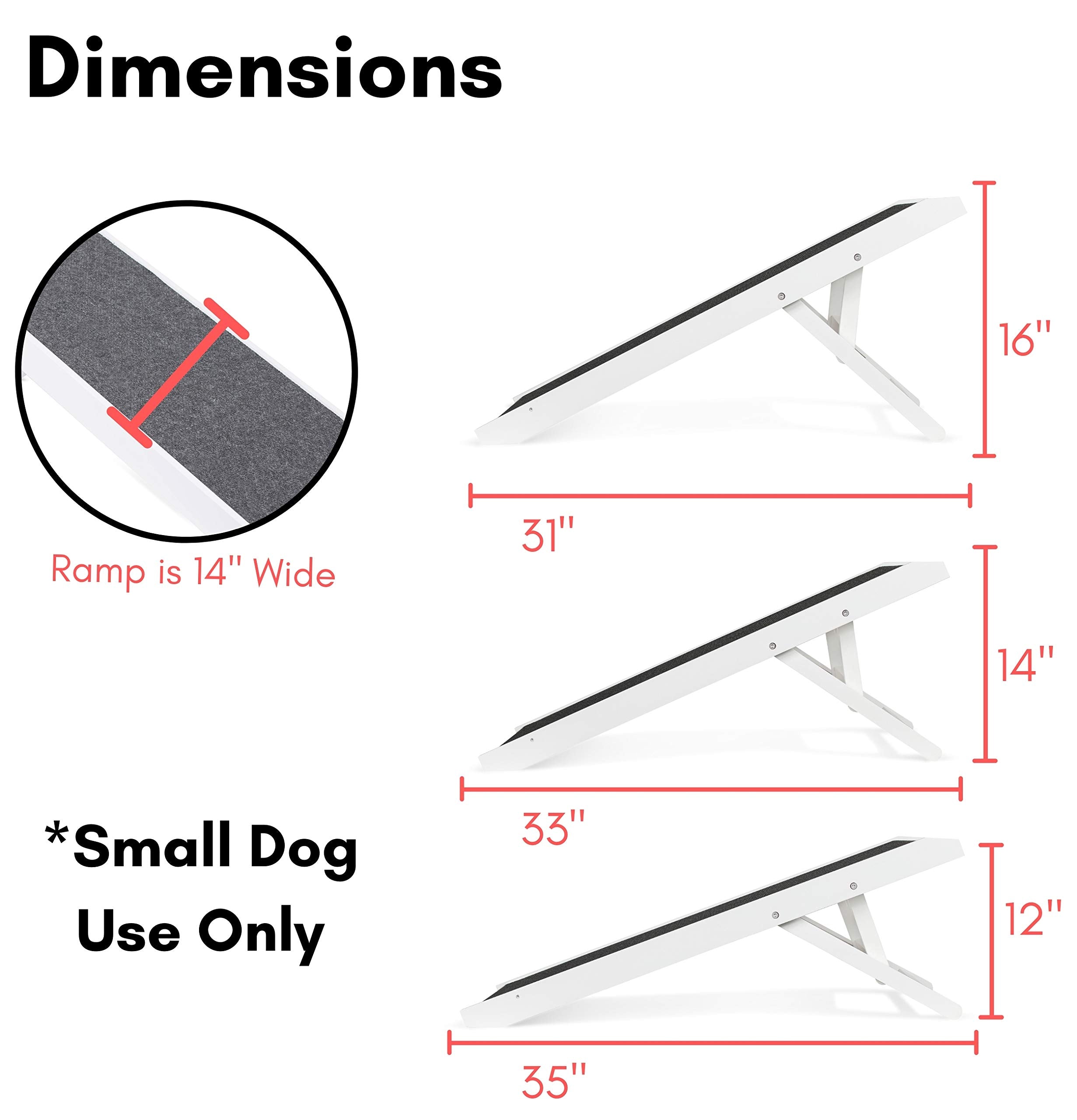 Birdrock Home Adjustable Dog Ramp For Low Beds Or Couches - Small Dogs Or Cats Only - Decorative Wooden Folding Doggie Ramps - Paw Friendly Grip Carpet - White 16'