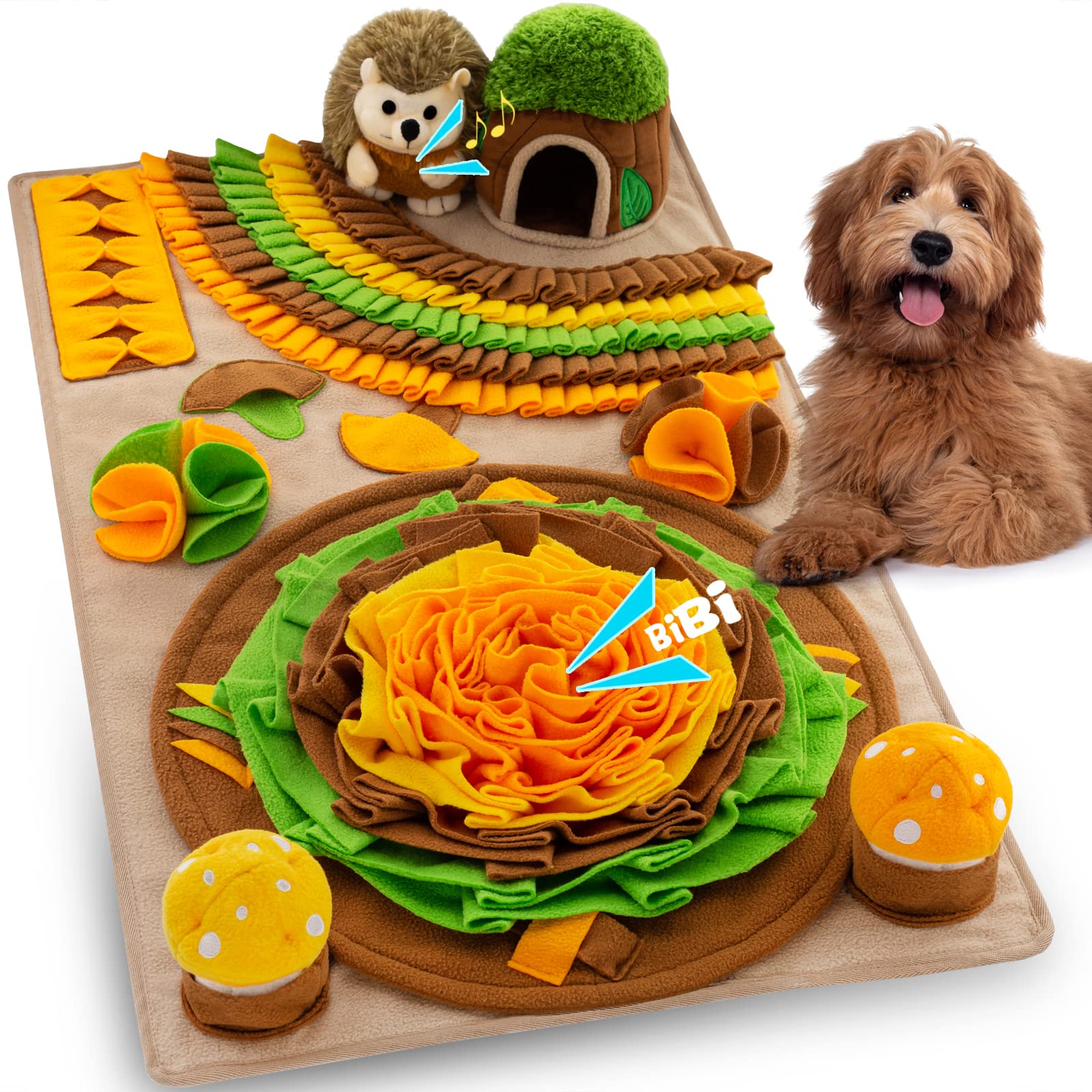 Meilzer Pet Snuffle Mat for Dogs Hedgehog Puzzle Toy Large Sniffing Mat with Squeaky Mushrooms Portable Indoor/Outdoor Digging M