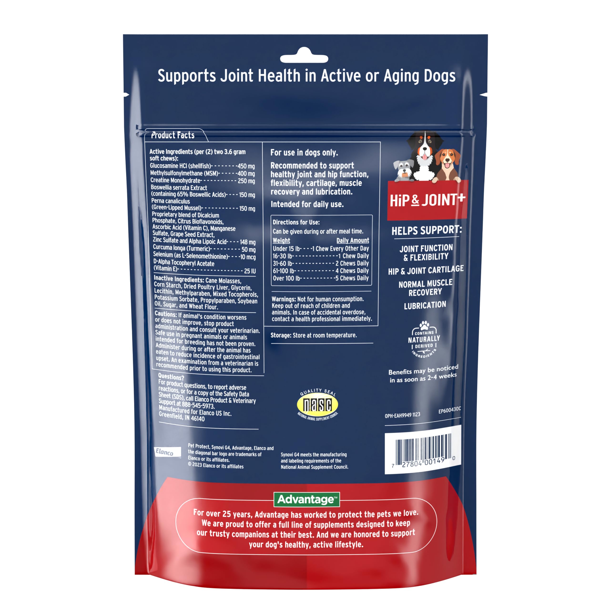 Pet Protect Dog Hip & Joint+ Supplement for Active & Aging Dogs, Vet-Formulated Synovi G4, Dog Glucosamine, Chicken-Flavored Sof