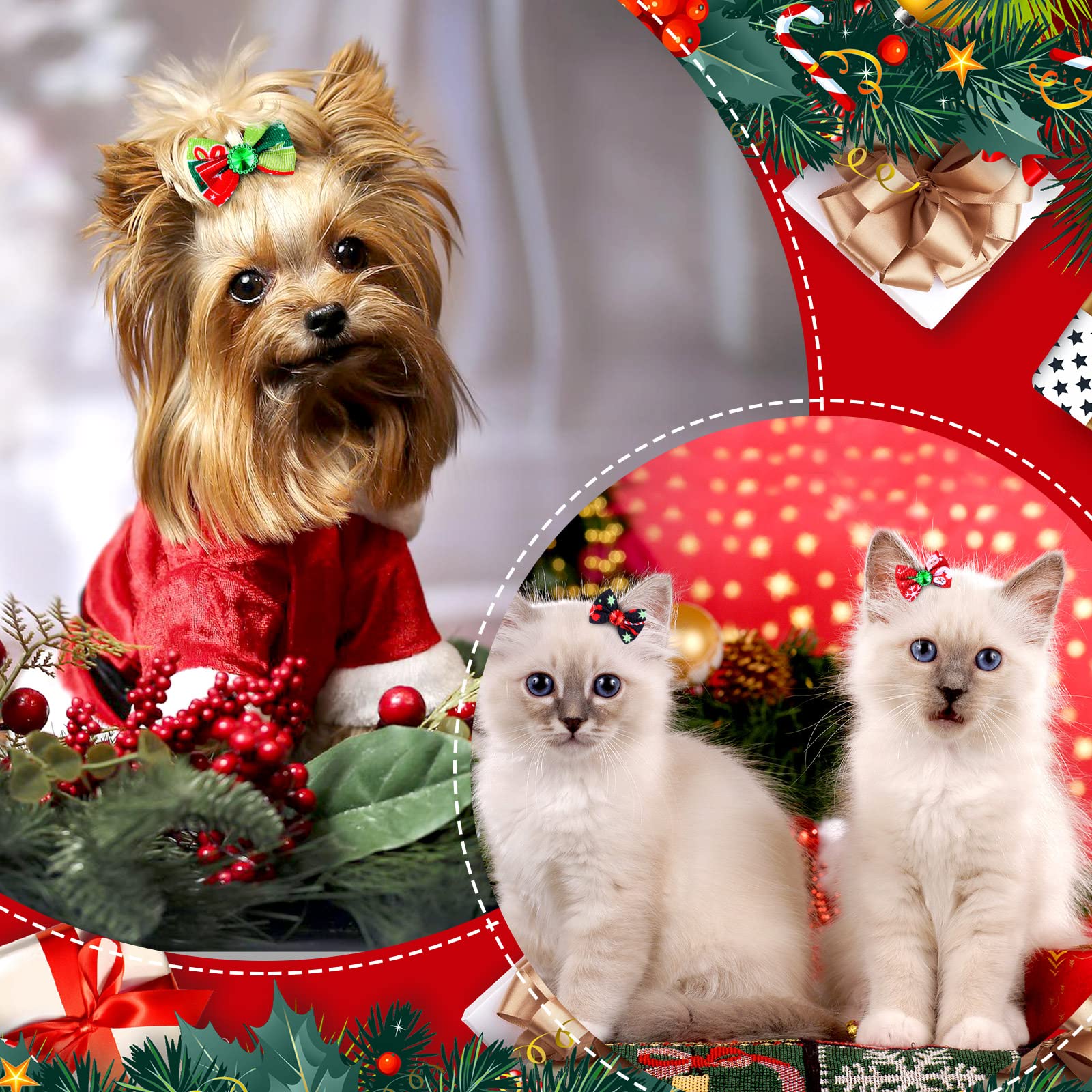 Tondiamo 100 Pack Christmas Dog Bows For Dogs Christmas Hair Bows With Rubber Bands Puppy Hair Bows Rhinestone Dog Bows Grooming