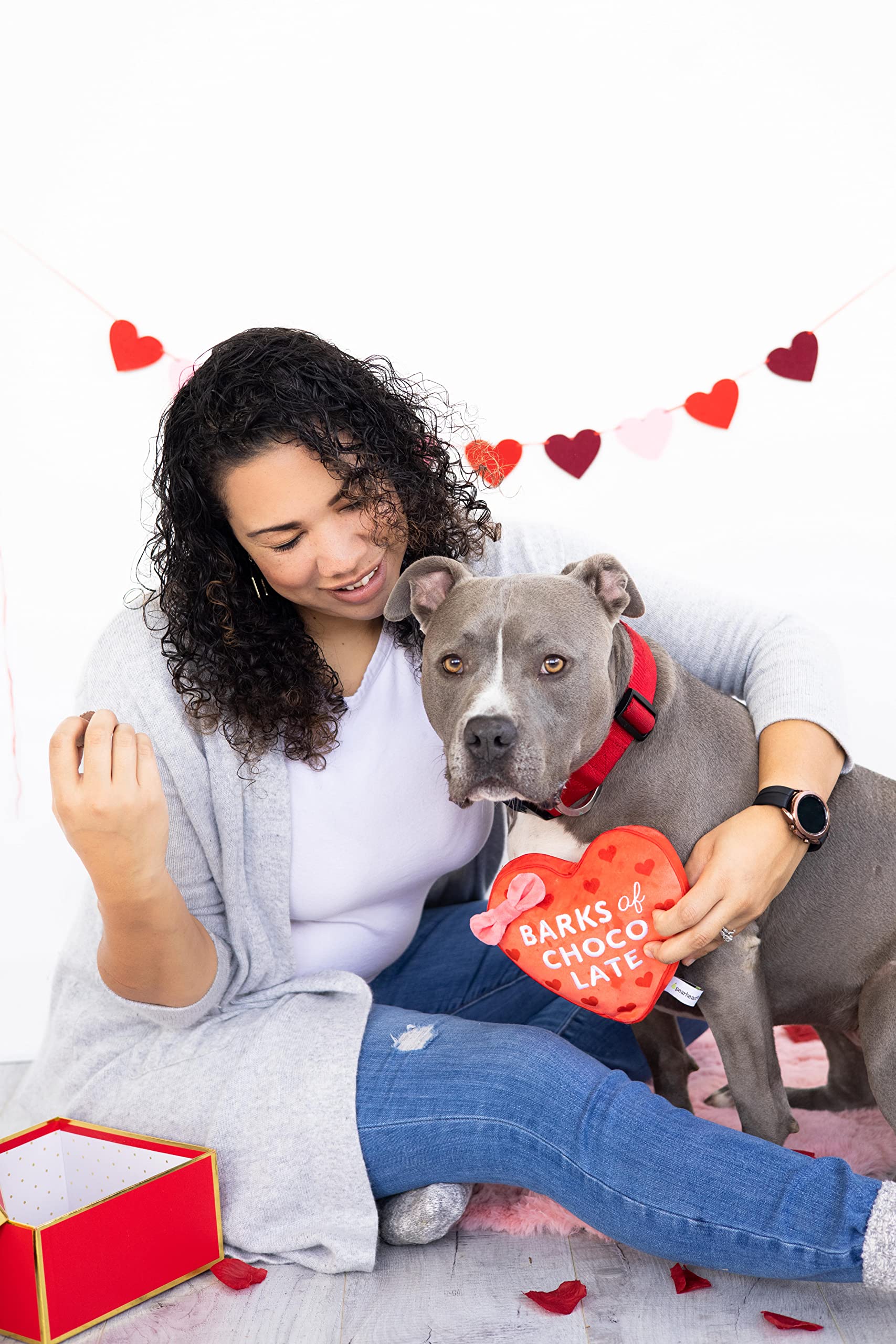 Pearhead Valentine's Day Plush Dog Toy, Box of Chocolate Stuffed Pet Toy, Crinkle and Squeaker Toy, Valentine's Day Gifts, Barks